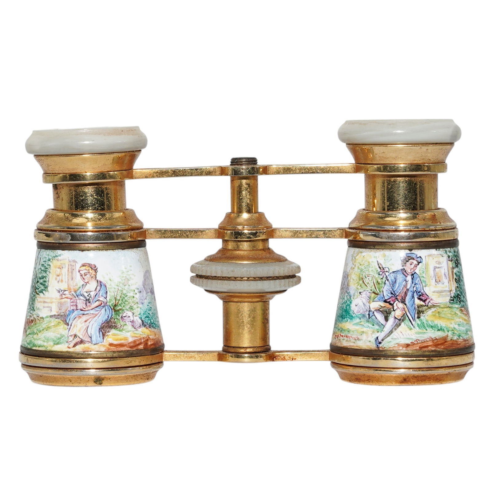 Antique French Enameled Opera Glasses: Antique French Enameled Opera Glasses 19th century, France Antique French C. 1900 opera glasses with gilt finish, decorated with enamel painted courting scenes decorations. Signed "France". H: 2 1/4"