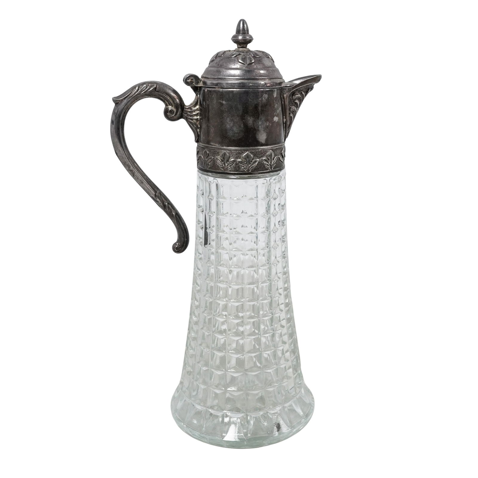 Italian Silver Plate Mounted Cut Glass Pitcher: Italian Silver Plate Mounted Cut Glass Pitcher 20th century, Italian Italian silver plate mounted cut glass pitcher, with hinged lid and handle. Marked 'Italy'. H: 12" x W: 6 1/2"