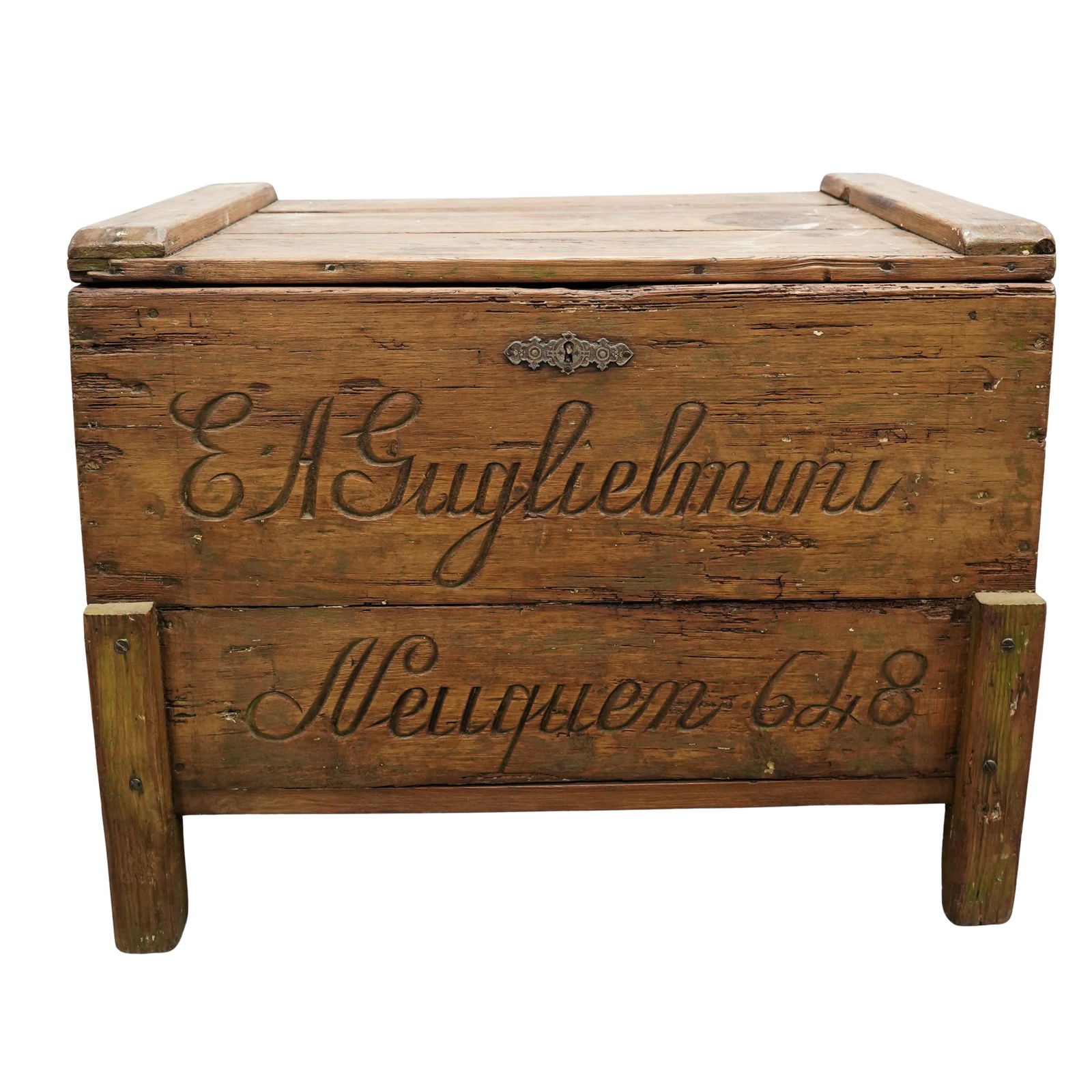 Vintage Argentinian Wood Chest: Vintage Argentinian Wood Chest Early to mid 20th century, Argentinian A vintage hand-crafted wooden chest. The front is engraved "EA Guglielmini Neuquen 6di8". H 22" x L 28.25" x W 18.25"