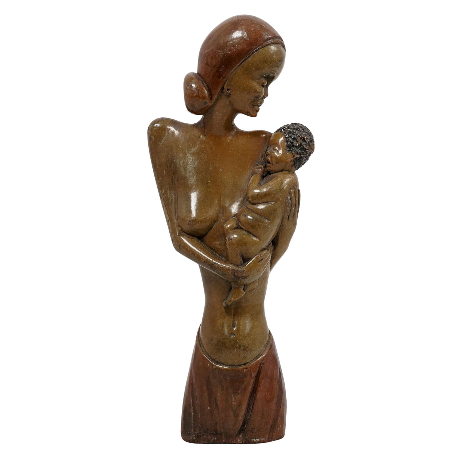Mother and Child Carved Wooden Sculpture: Mother and Child Carved Wooden Sculpture 20th century, African Carved wood sculpture of semi-nude woman with a baby in warm, honey-toned sheen and lacquered finish, depicted in protective, nurturing