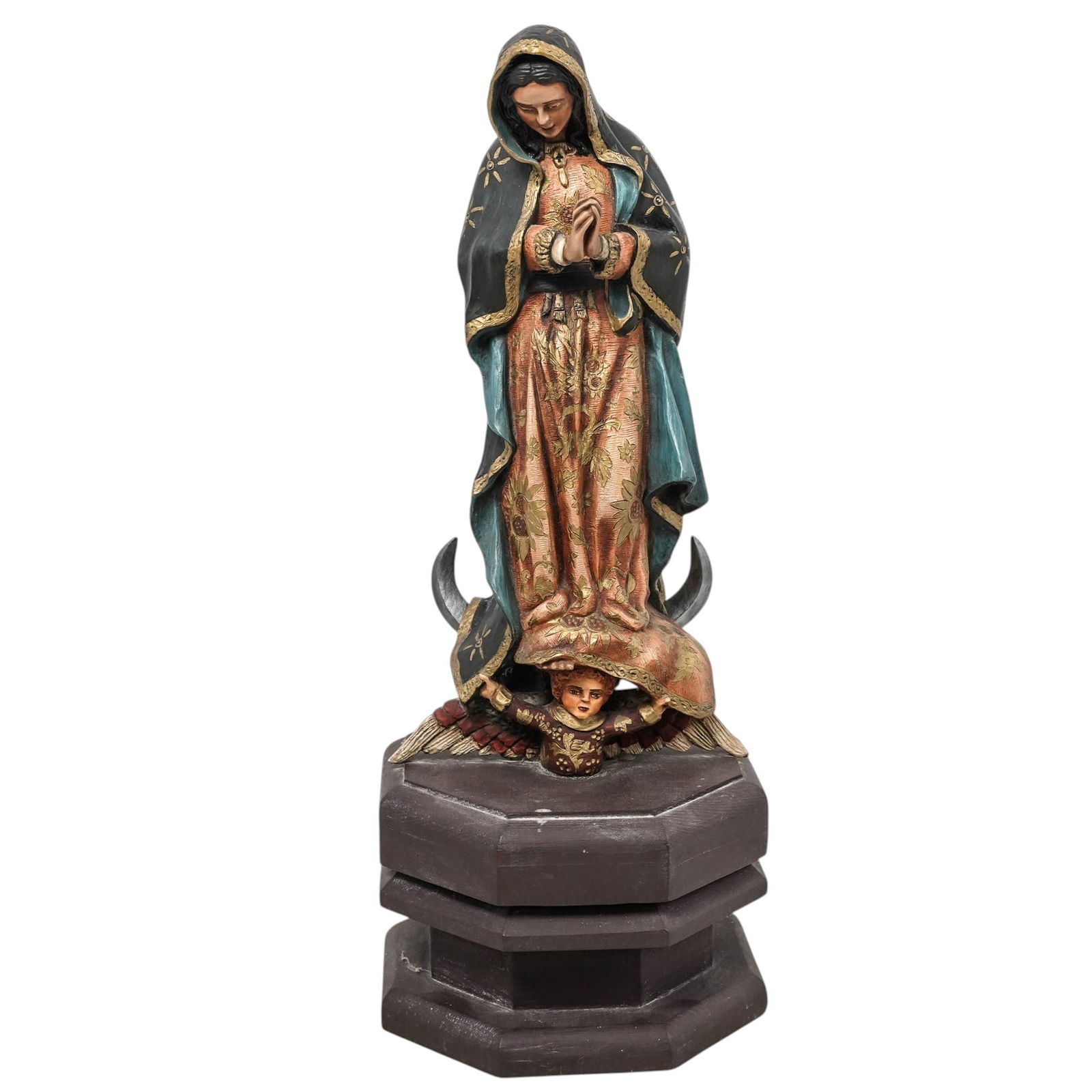 Vintage Hand Painted Our Lady Of Guadalupe Statue: Vintage Hand Painted Our Lady Of Guadalupe StatueMid 20th Cent., MexicanThis statue is a depiction of Our Lady of Guadalupe, a celebrated title of the Virgin Mary in Catholic tradition. The figure is
