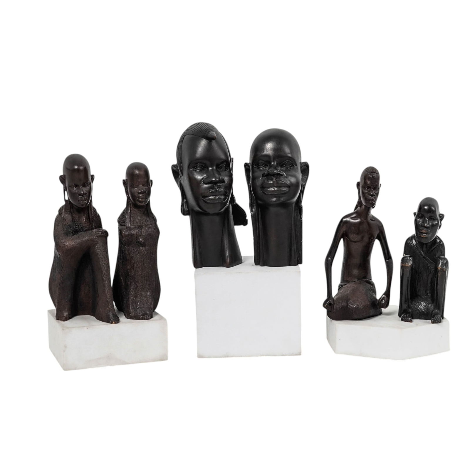 (6 Pc) Collection of Hand Carved Ebony Wood African Sculptures: (6 Pc) Collection of Hand Carved Ebony Wood African Sculptures 20th century, African The lot includes six carved ebony wood African sculptures, these figurines represent a variety of tribal figures