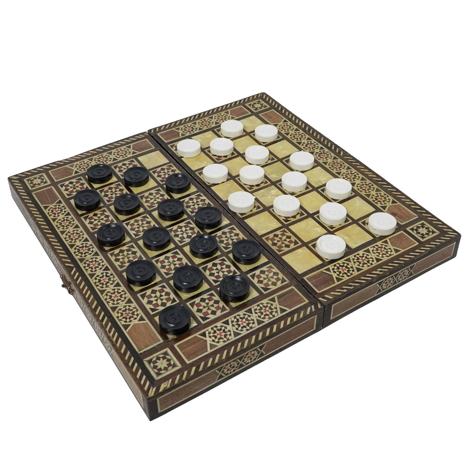 Syrian Marquetry Inlay Wooden Backgammon Board: Syrian Marquetry Inlay Wooden Backgammon Board20th century, SyrianSyrian handcrafted marquetry inlay wooden travel backgammon board, with 30 backgammon pieces (15 white, 15 black).W: 11 7/8" x D: 11 3