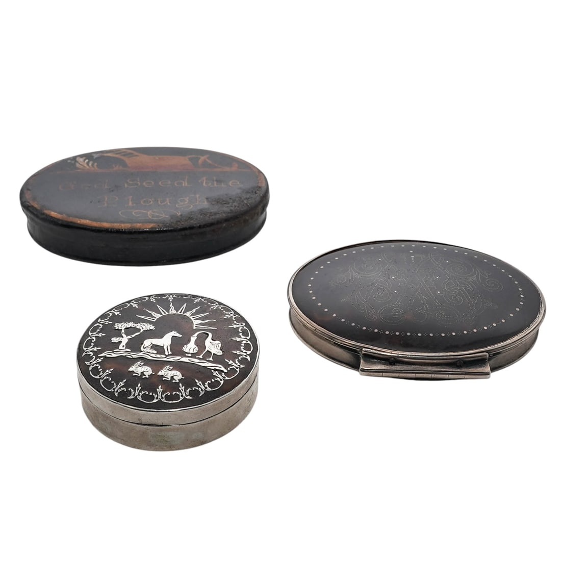 (3pc) Antique Georgian Silver Shell Snuff & Pill Boxes: (3pc) Antique Georgian Silver Shell Snuff & Pill Boxes18th to 19th Cent., EuropeanThe set includes:(1) 'God Speed the Plough' oval horn snuff box. This Georgian-era carved horn box features an intrica
