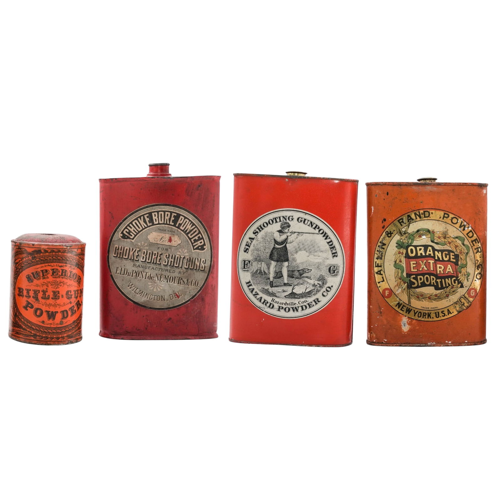 (4 pcs) Antique American Black Powder Tins: (4 pcs) Antique American Black Powder Tins Mid 19th-early 20th century American A set of four antique American black powder tins. (1) Laflin & Rand Powder Co tin. Marked on front "Laflin & Rand