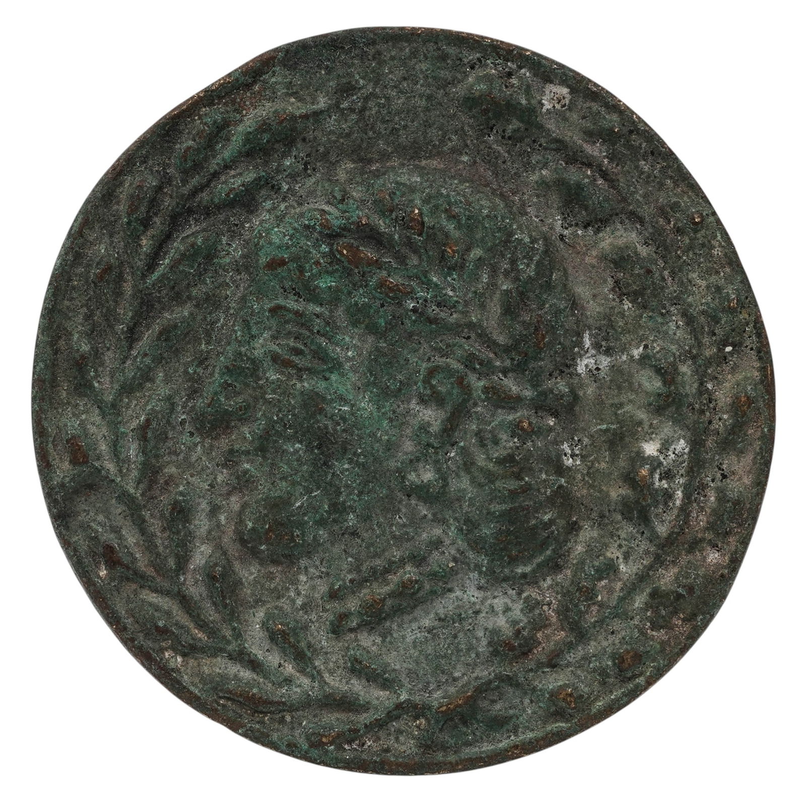 Bronze Medallion with Laurel Crowned Head and Pegasus: Bronze Medallion with Laurel Crowned Head and Pegasus 1970s-1990s Cast bronze medallion featuring a classical male profile wearing a laurel wreath on the obverse, encircled by a wreath border. The