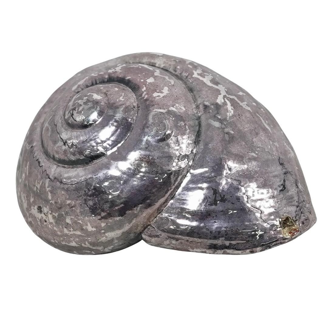 Sterling Silver Overlaid Seashell: Sterling Silver Overlaid SeashellMid-Late 20th centuryNatural sea shell with a sterling silver overlay.Total weight: 80gH: 2.65" W: 1.75" L: 3"