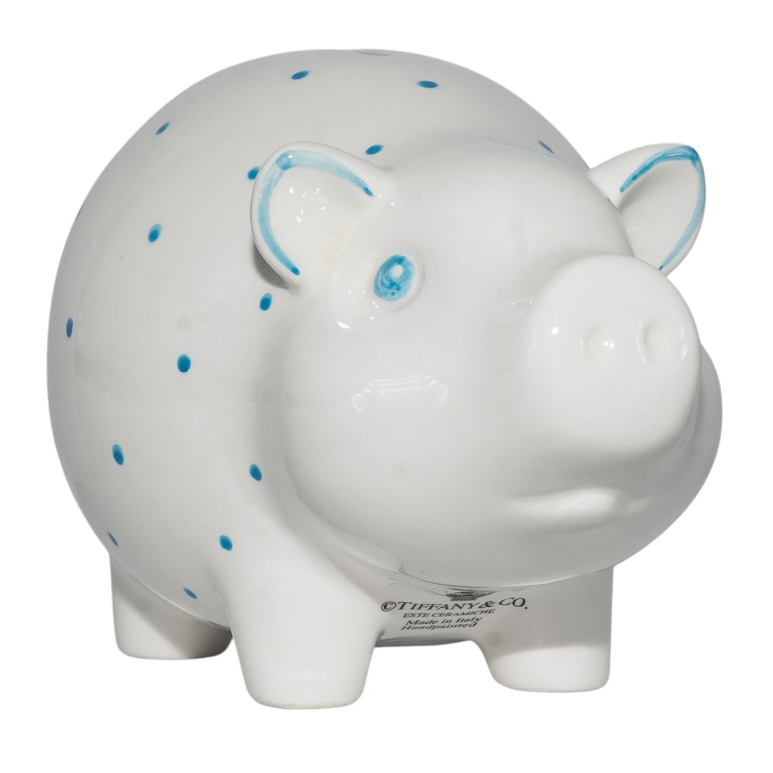Tiffany & Co Blue & White Polka Dot Porcelain Piggy Bank: Tiffany & Co Blue & White Polka Dot Porcelain Piggy Bank 20th century, American Tiffany & Co. figurative piggy bank in white glazed porcelain decorated with painted light blue dots. Marked 'Tiffany &