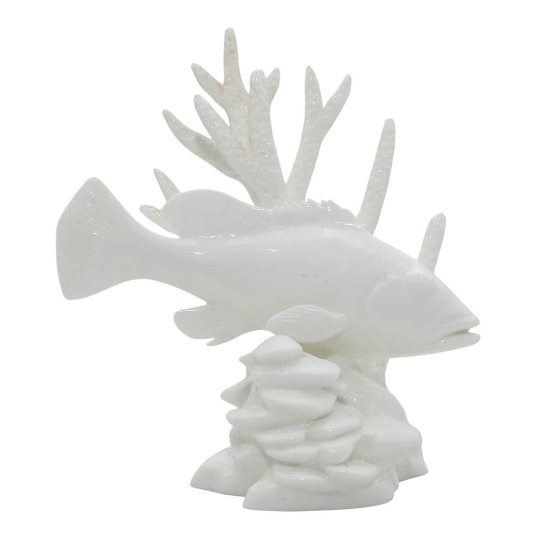 Royal Worcester Fish Figurine, Red Hind 3572: Royal Worcester Fish Figurine, Red Hind 3572 circa 1960s, English Royal Worcester all-white glazed bone china study of a Red Hind, depicting the fish swimming amidst a coral reef. It is marked with