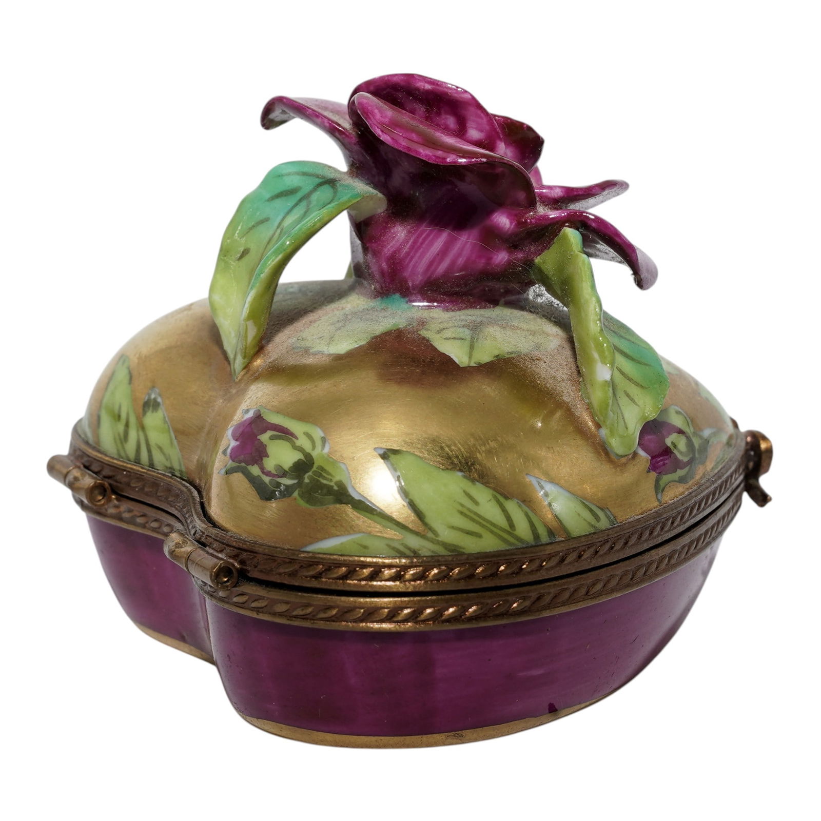 Vintage Limoges Chamart Heart Shaped Trinket Box: Vintage Limoges Chamart Heart Shaped Trinket Box20th century, FrenchVintage Limoges Chamart hand painted trinket box. Features a heart shaped box decorated with a large rose flower on the lid. Finishe