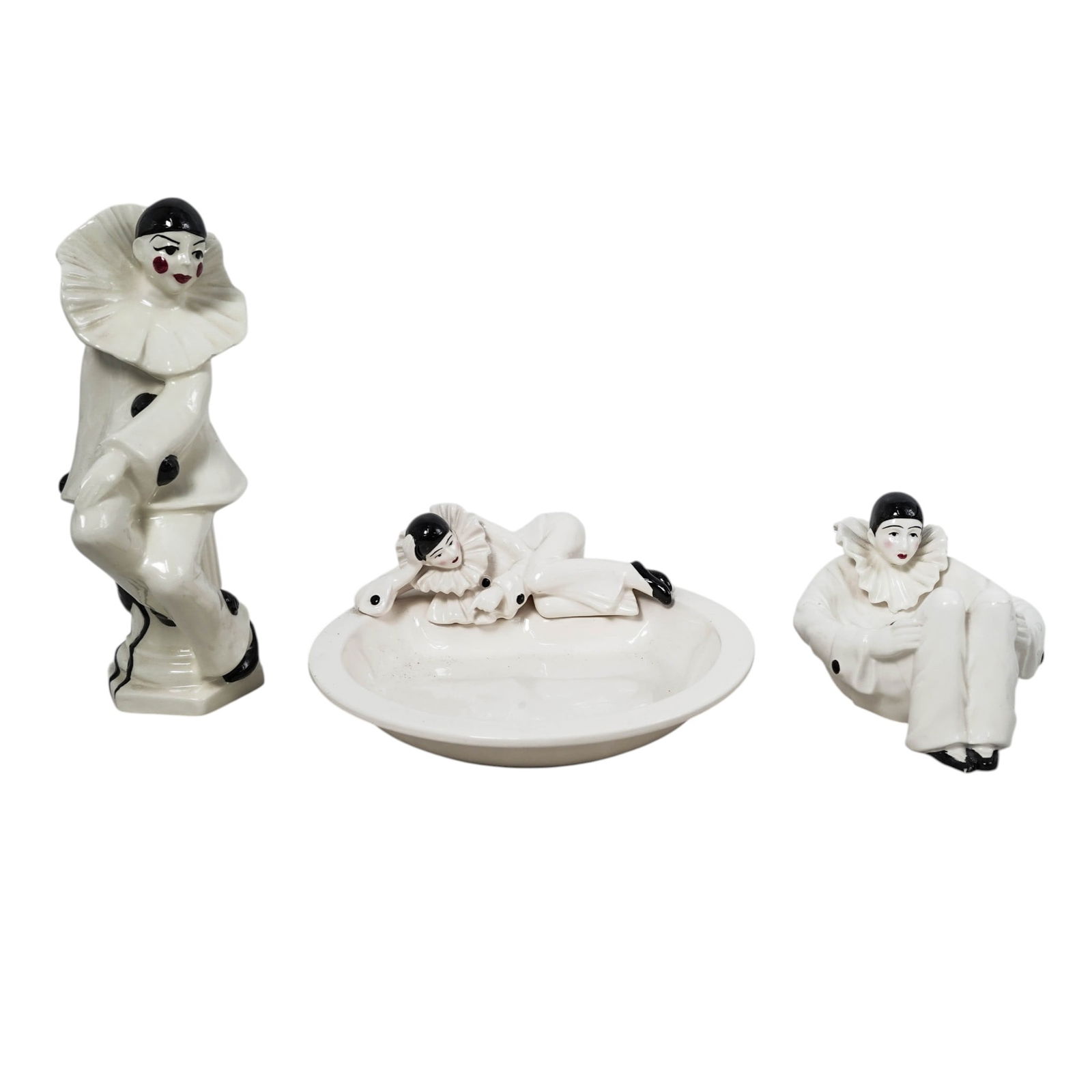 (3pc) Sigma Taste Setter Hand Painted Ceramic Pierrot Group: (3pc) Sigma Taste Setter Hand Painted Ceramic Pierrot Group1980. JapanArt Deco revival Sigma Taste Setter hand painted ceramic pierrot group including:(1)Trinket/Catch-all Dish: A round, shallow bowl