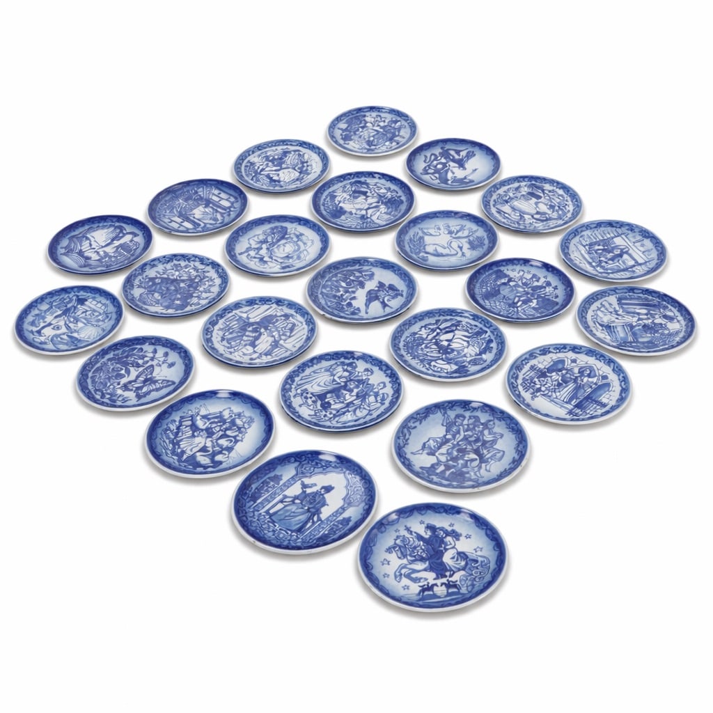 (26 Pc) Royal Copenhagen Hans Christian Andersen Fairytale Plaquettes: (26 Pc) Royal Copenhagen Hans Christian Andersen Fairytale Plaquettes circa 1981, Danish Blue and white painted porcelain miniature collectible plates, each featuring a scene from one of Hans