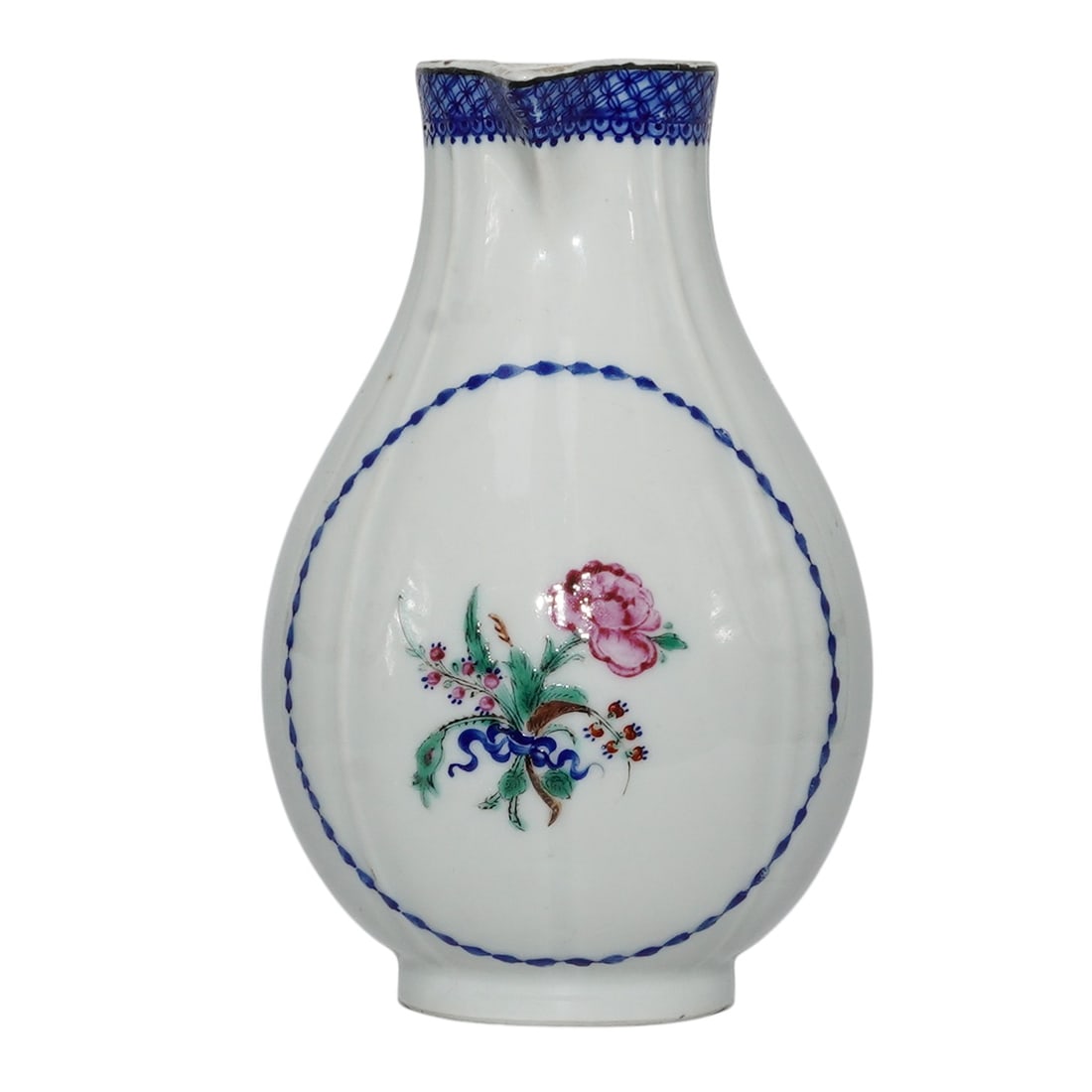 Antique French Porcelain Handled Cream Pitcher: Antique French Porcelain Handled Cream Pitcher Early 20th century, French French porcelain cream pitcher in white glazed porcelain, decorated with blue accents and rim; and a painted central