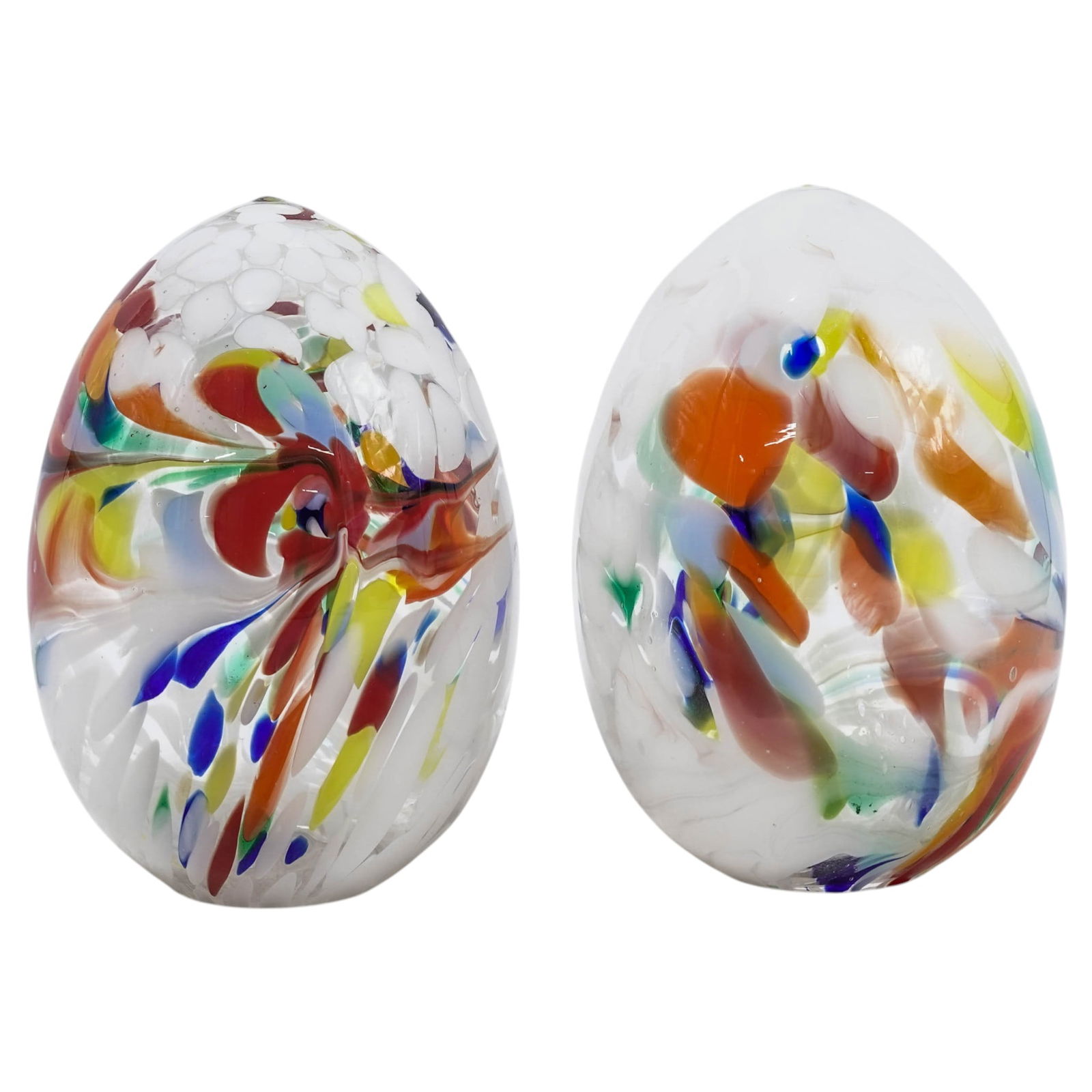 (2pc) Large Art Glass Egg Shaped Lamp Shades: (2pc) Large Art Glass Egg Shaped Lamp Shades 20th century, Czech Both pieces have a large circular follow opening and a hollow interior for fitting over a light bulb and socket. This "Confetti" or