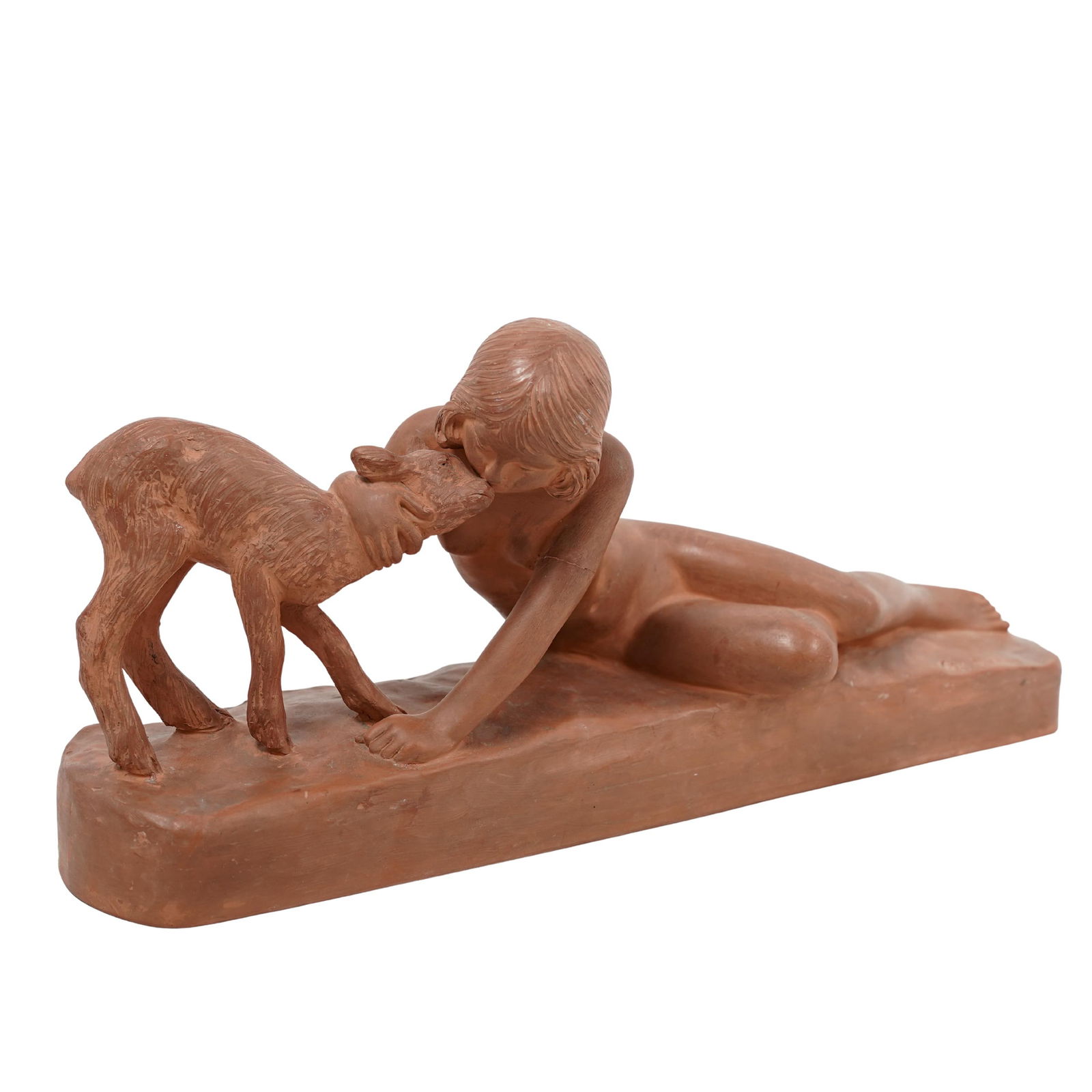 Ary Bitter (French 1883-1973) Art Deco Nude Terracotta Sculpture: Ary Bitter (French 1883-1973) Art Deco Nude Terracotta Sculpture 1920s-30s. French The large terracotta piece features, nude young woman in a reclined position, leaning forward to interact with a