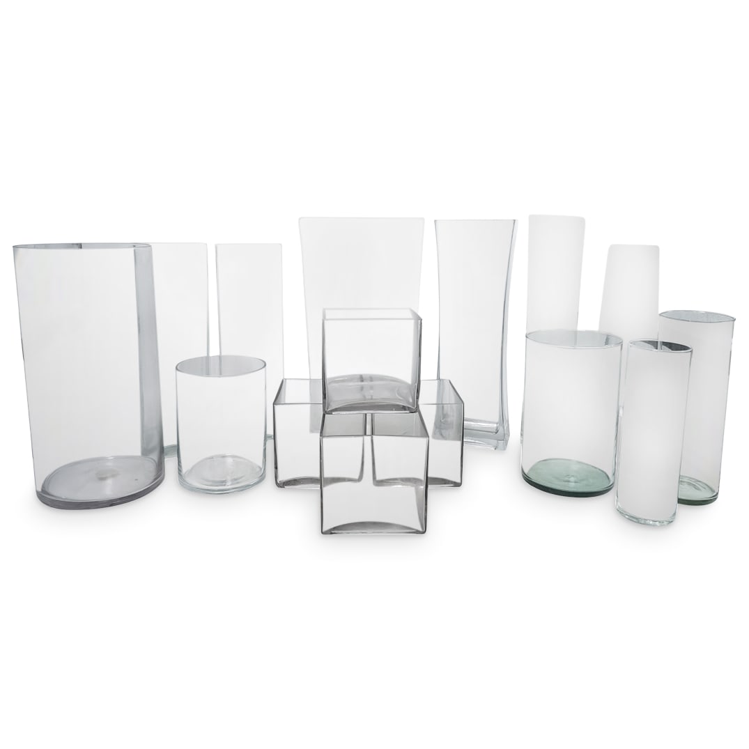 (15 pcs) Various Glass Vases: (15 pcs) Various Glass Vases 21st century Various glass vases in multiple sizes, cylindrical and square shapes. Largest marked for Ikea on bottom. Smallest H 6" x W 6" Largest H 17.75" x Diameter