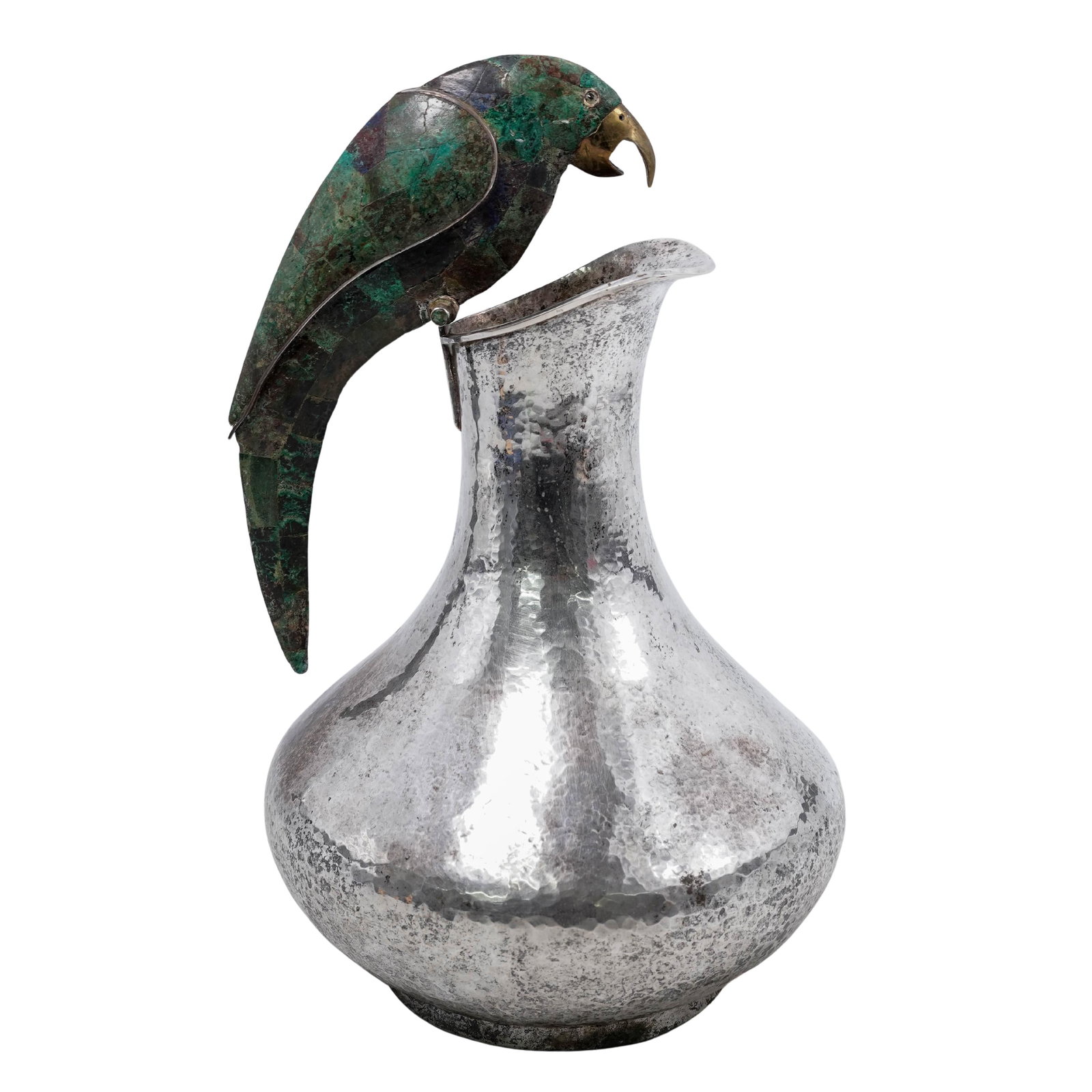 Los Castillo Taxco Silver Plated Lapis lazuli & Malachite Parrot Pitcher: Los Castillo Taxco Silver Plated Lapis lazuli & Malachite Parrot PitcherMid 20th Cent., MexicoThe piece features a handcrafted, bulbous body silver-plated over hammered copper complemented by a highly