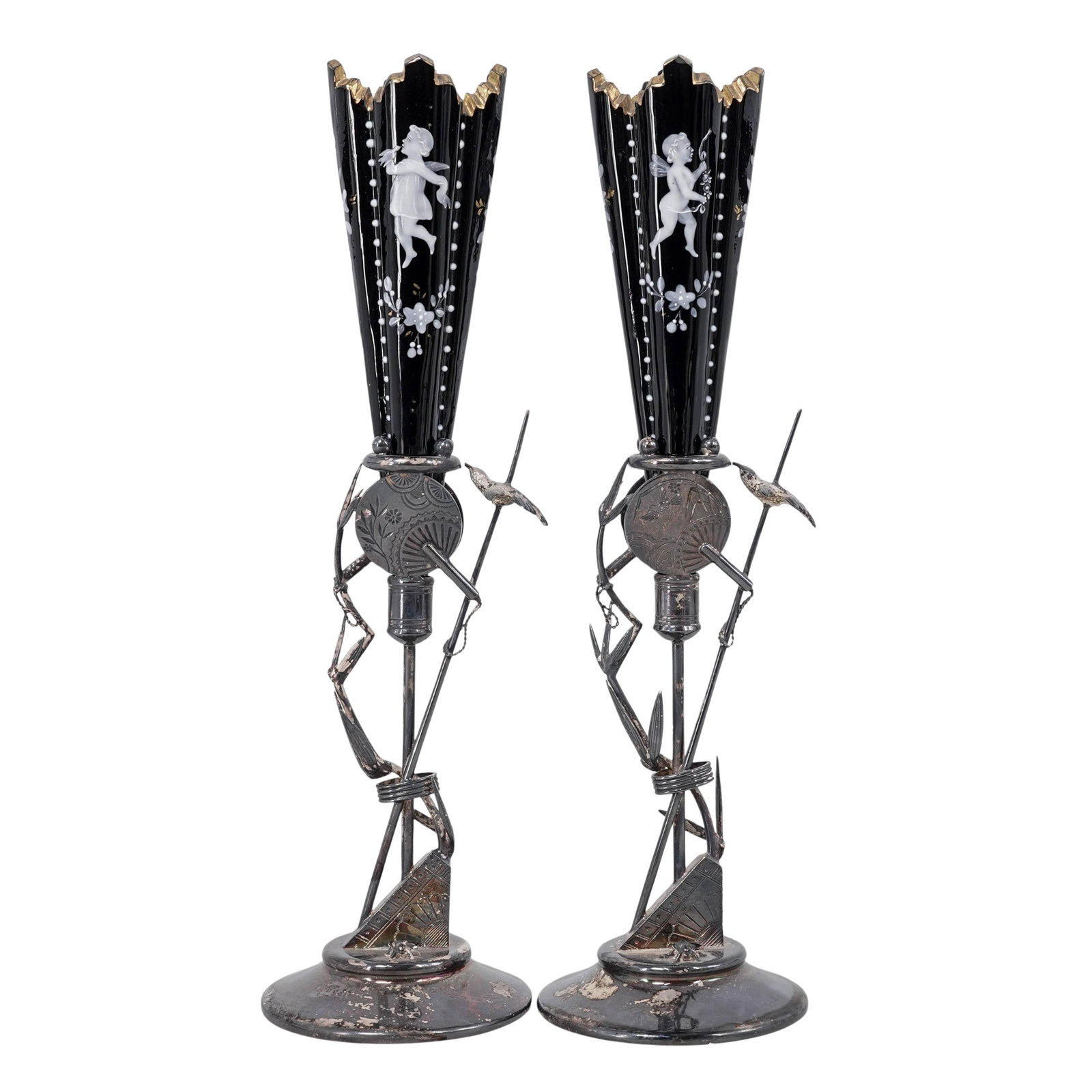 Pair of 19th C. Meriden Britannia Co. Aesthetic Silverplate St & Black Glass Vases (1 of 9)