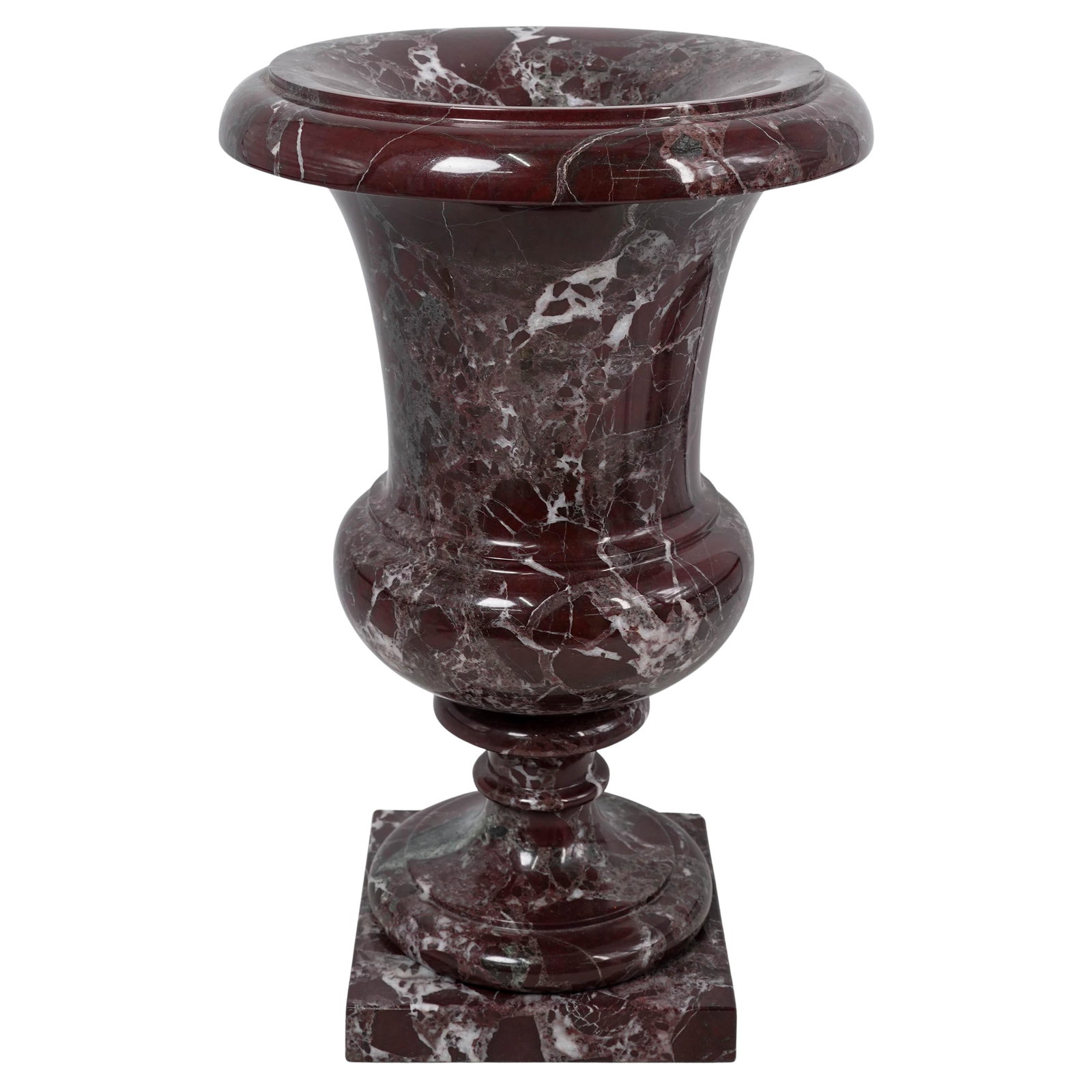 Large Italian Royal Marble Urn: Large Italian Royal Marble Urn20th c. ItalyLarge carved red Royal marble urn featuring a campana shape and a square base.Approx. H: 18" Dia: 11.75"