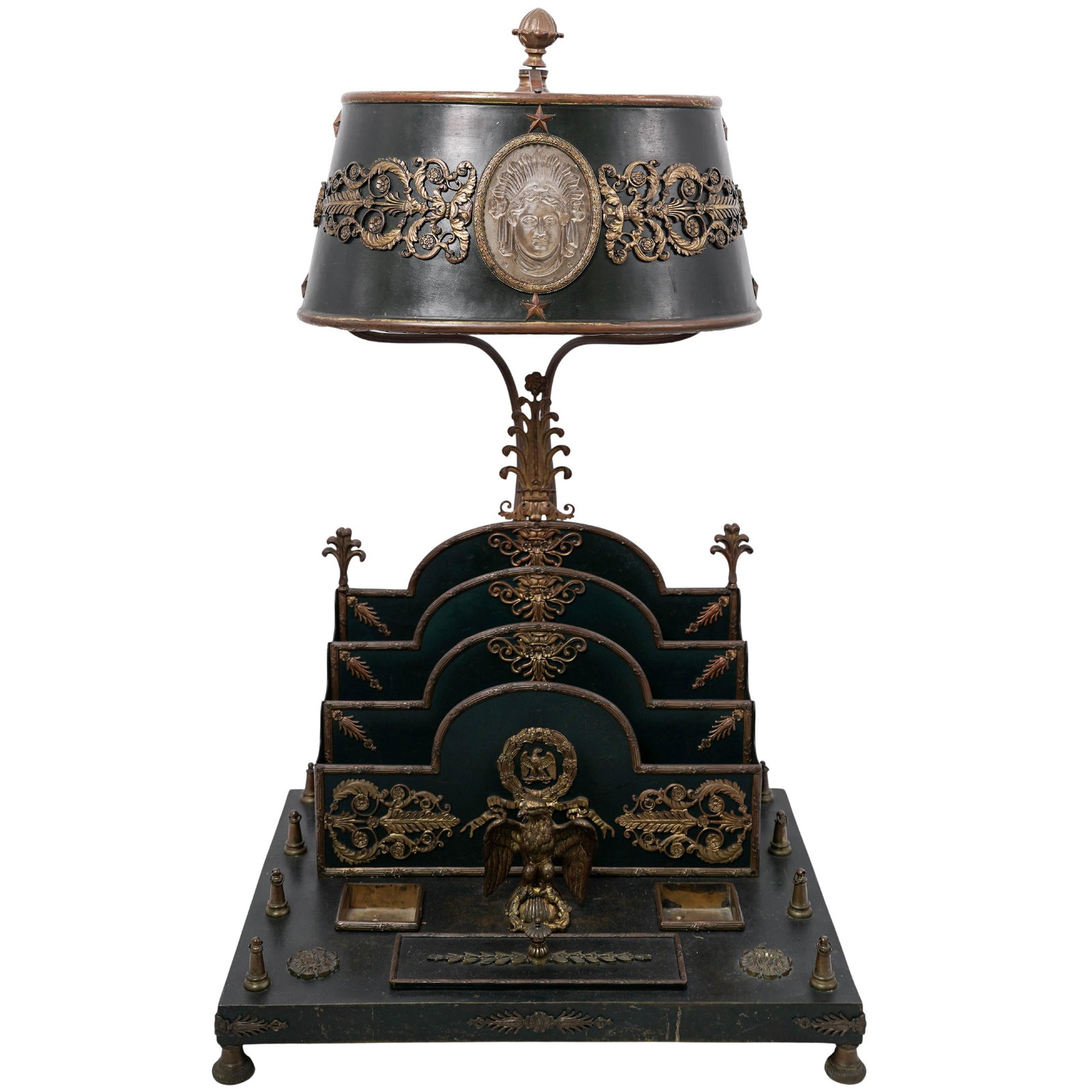 French Empire Style Gilt Bronze Desk Lamp Workstation: French Empire Style Gilt Bronze Desk Lamp WorkstationEarly 20th Cent., FrenchA gilt bronze desk set featuring a lamp in a French Empire Revival style. Features a two-light "Bouillotte" style lamp with