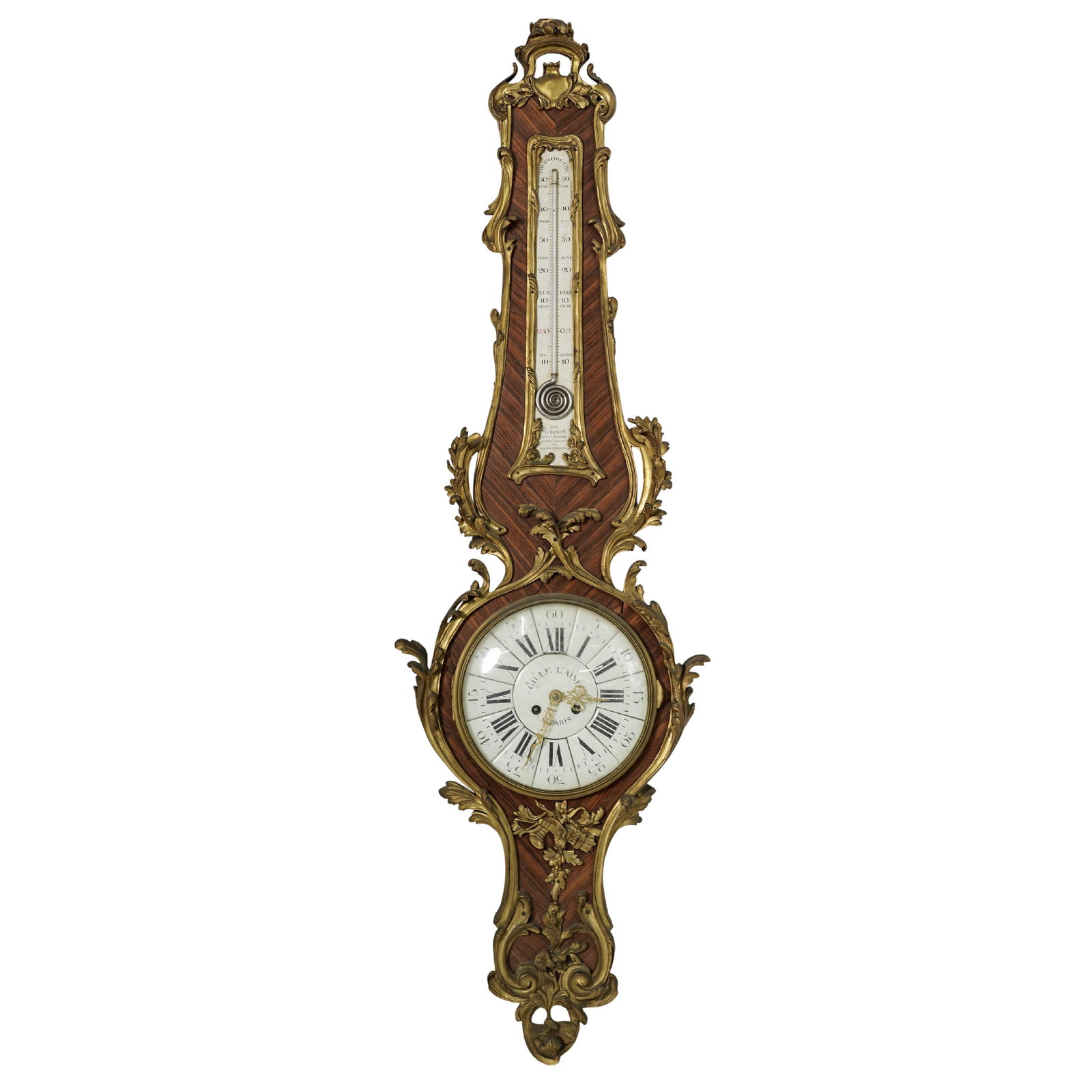 Gille l'Aine A Paris Ornate Ormolu & Wood Clock w/ Thermometer: Gille l'Aine A Paris Ornate Ormolu & Wood Clock w/ Thermometer18th century, FrenchThe large clock was made by the renowned 18th century Parisian workshop of Gille l'Aine (Gille the Elder). The signatu