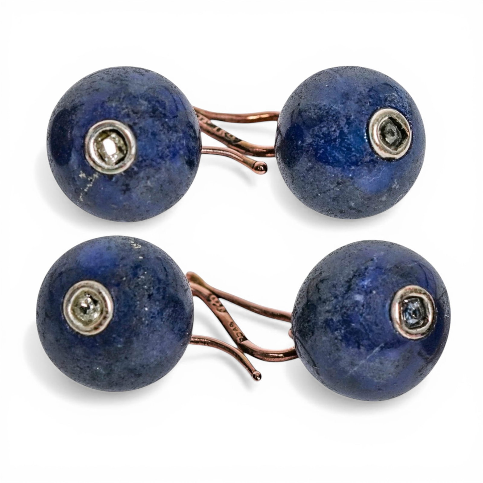 Faberge Era 14k Gold Lapis & Diamond Cufflinks: Faberge Era 14k Gold Lapis & Diamond CufflinksLate 19th – Early 20th Century, RussianPair of cuff links composed of spherical lapis lazuli stone terminals connected by rose gold links, housed in a f