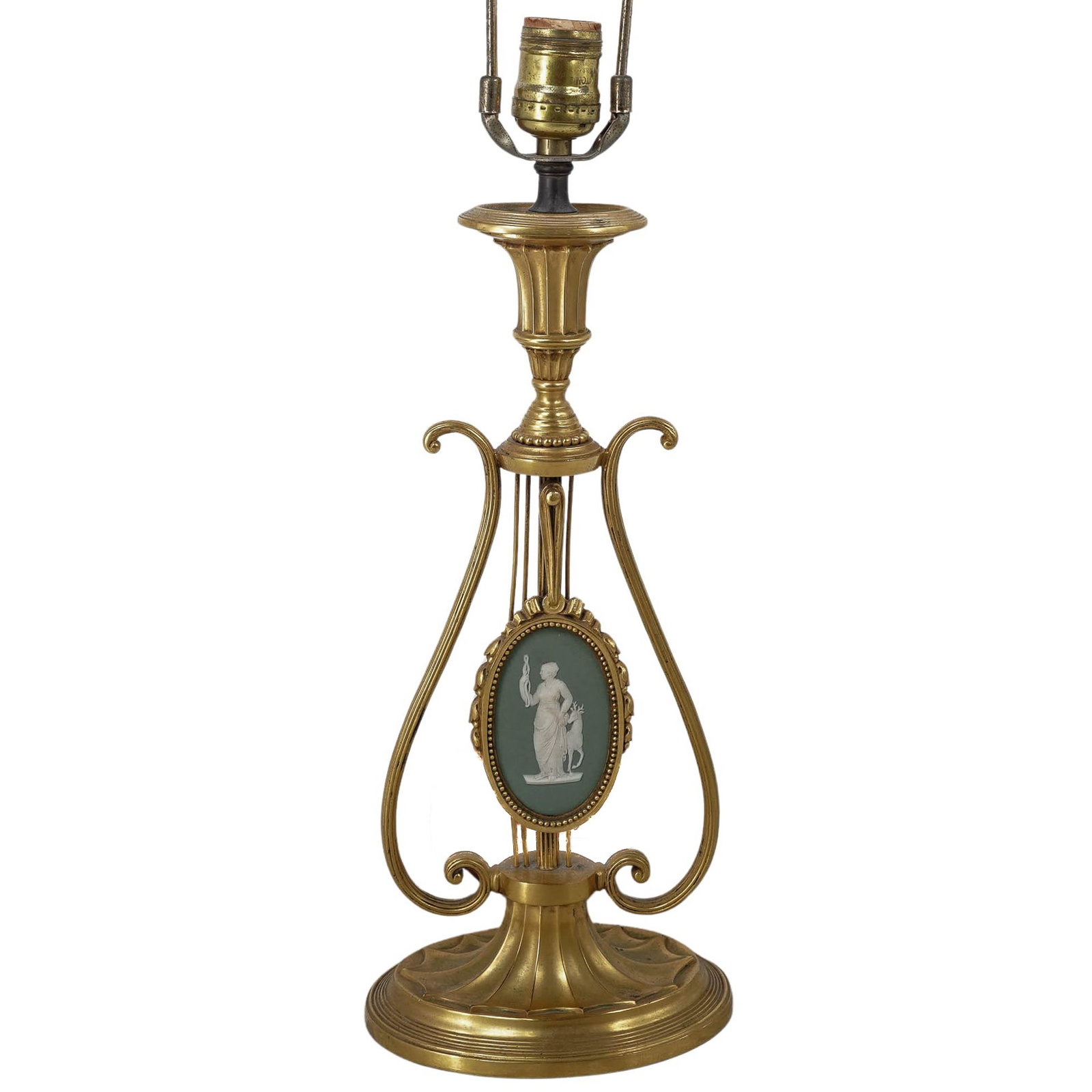 Neoclassical Gilt Bronze Lyre & Green Jasperware Table Lamp (1 of 7)