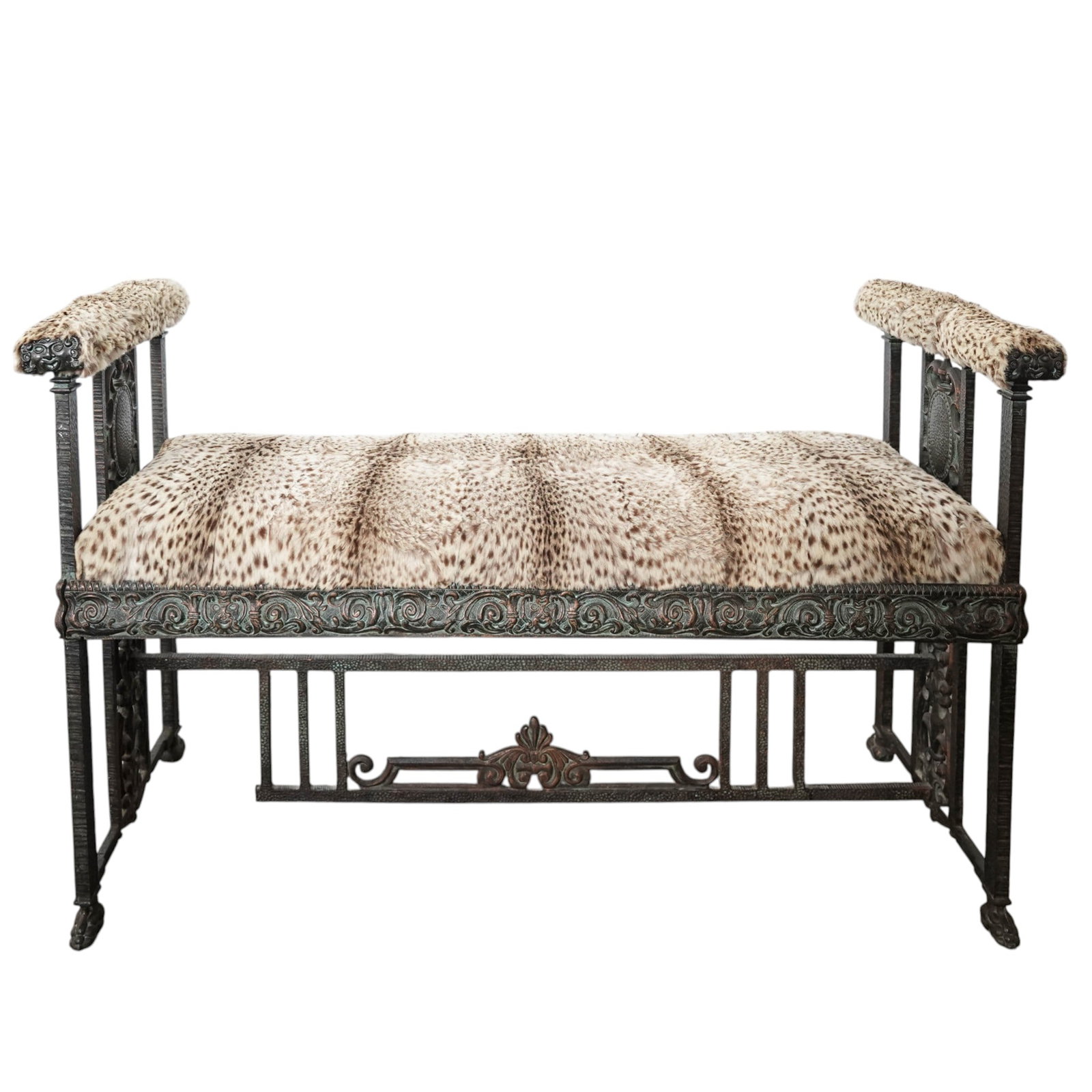 Attrib. Oscar Bach Wrought Iron Leopard Upholstered Bench (1 of 6)