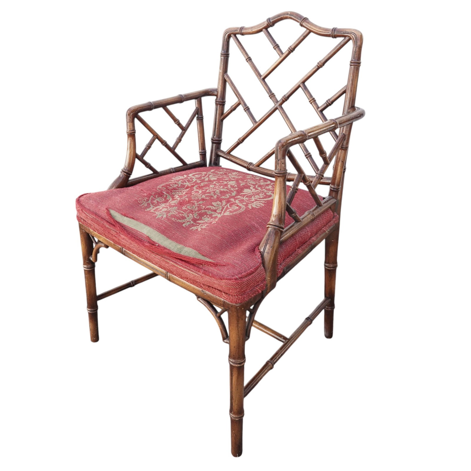 Vintage Chinese Chippendale Style Armchair: Vintage Chinese Chippendale Style ArmchairEarly to mid 20th centuryvintage Chinese Chippendale-style arm chair, characterized by its faux bamboo wood frame and intricate lattice design on the back and
