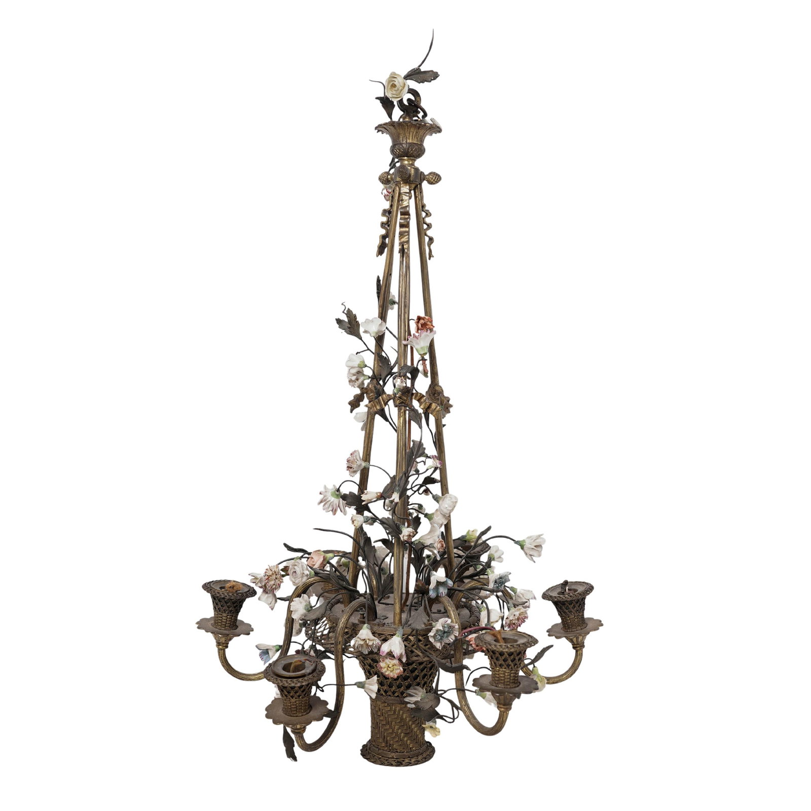 French Belle Epoque Bronze & Porcelain Floral Basket Chandelier: French Belle Epoque Bronze & Porcelain Floral Basket Chandelierearly 20th century , FrenchThe floral chandelier made of bronze and decorated with porcelain flowers has central body shaped like a woven