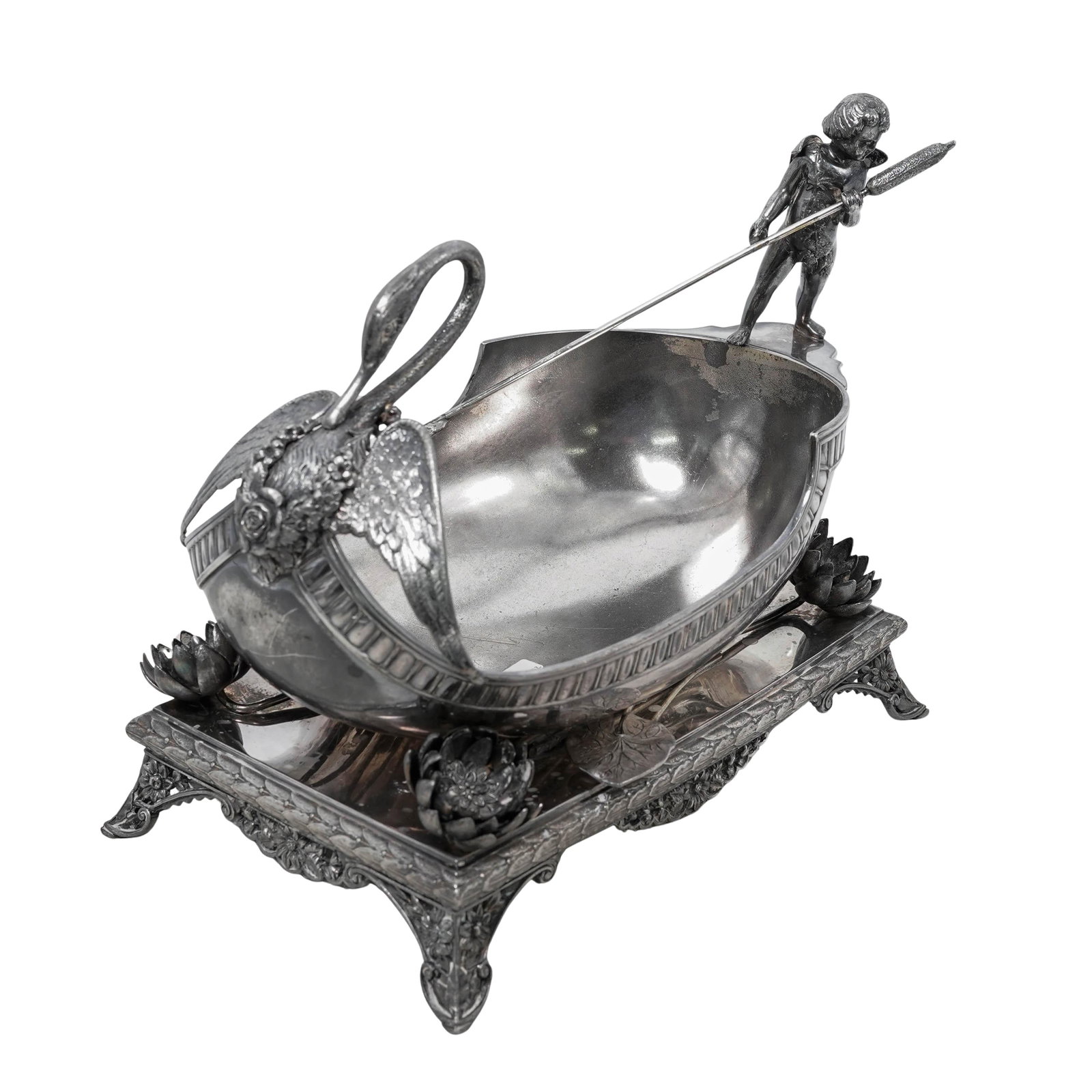 Antique Silver Plated Putti & Swan Serving Bowl: Antique Silver Plated Putti & Swan Serving BowlLate 19th to early 20th.This antique figural silver-plated centerpiece is characterized by its imaginative "gondola" design and highly detailed Victorian
