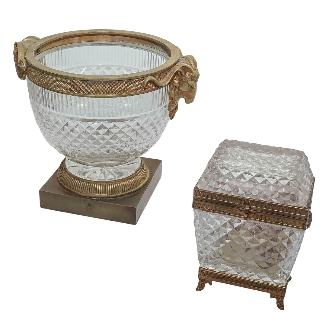 (2pc) Antique Crystal Bronze Mounted Centerpiece & Box: (2pc) Antique Crystal Bronze Mounted Centerpiece & BoxLate 19th to early 20th Cent., Austrian,FrenchThis refined pair of 19th-century antiques showcases the luxurious combination of Baccarat-style cut
