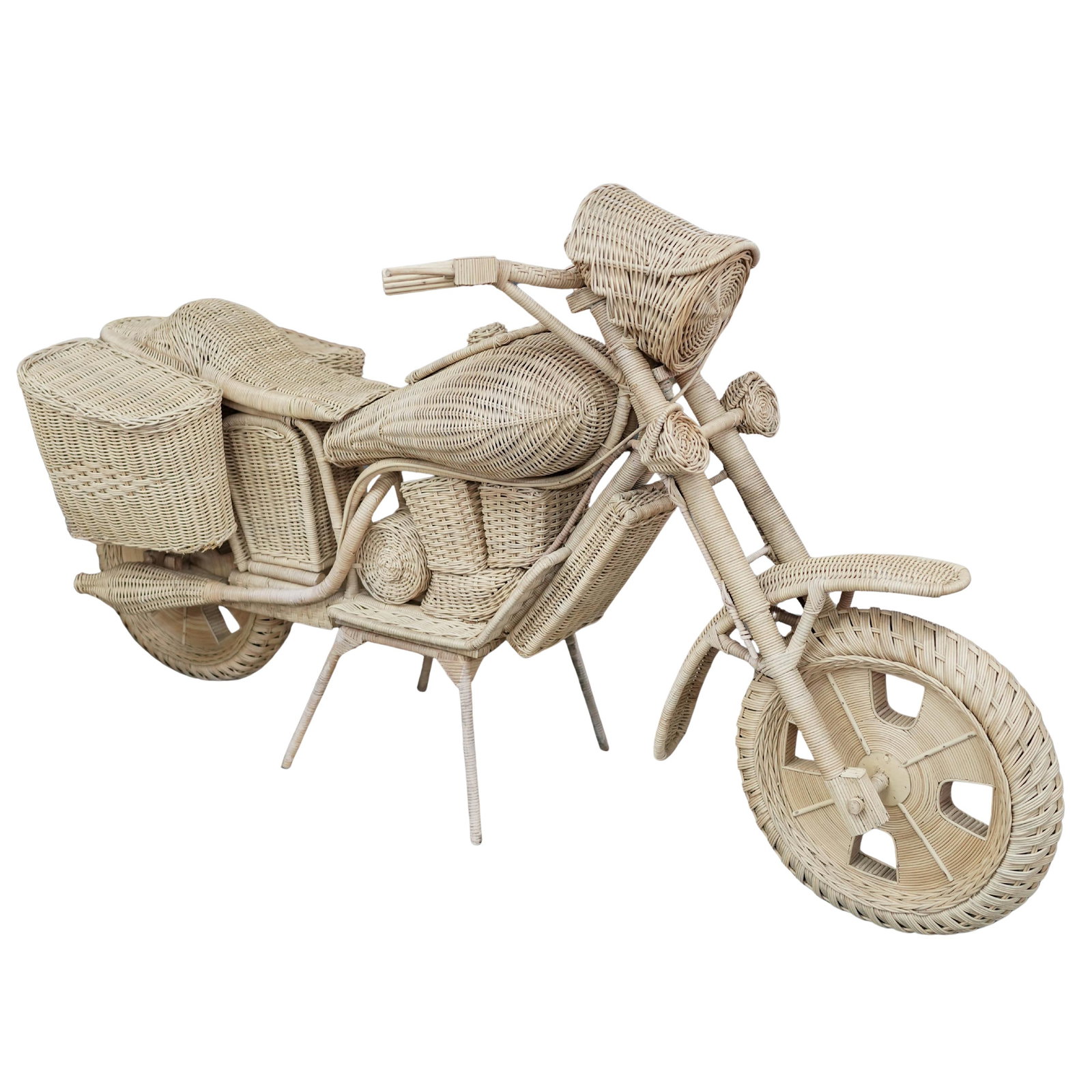 Tom Dixon Life Size Wicker Rattan Motorcycle: Tom Dixon Life Size Wicker Rattan MotorcycleLate 20th-early 21st centuryA remarkable and highly detailed life-size decorative sculpture of a classic touring motorcycle. This piece is hand-constructed