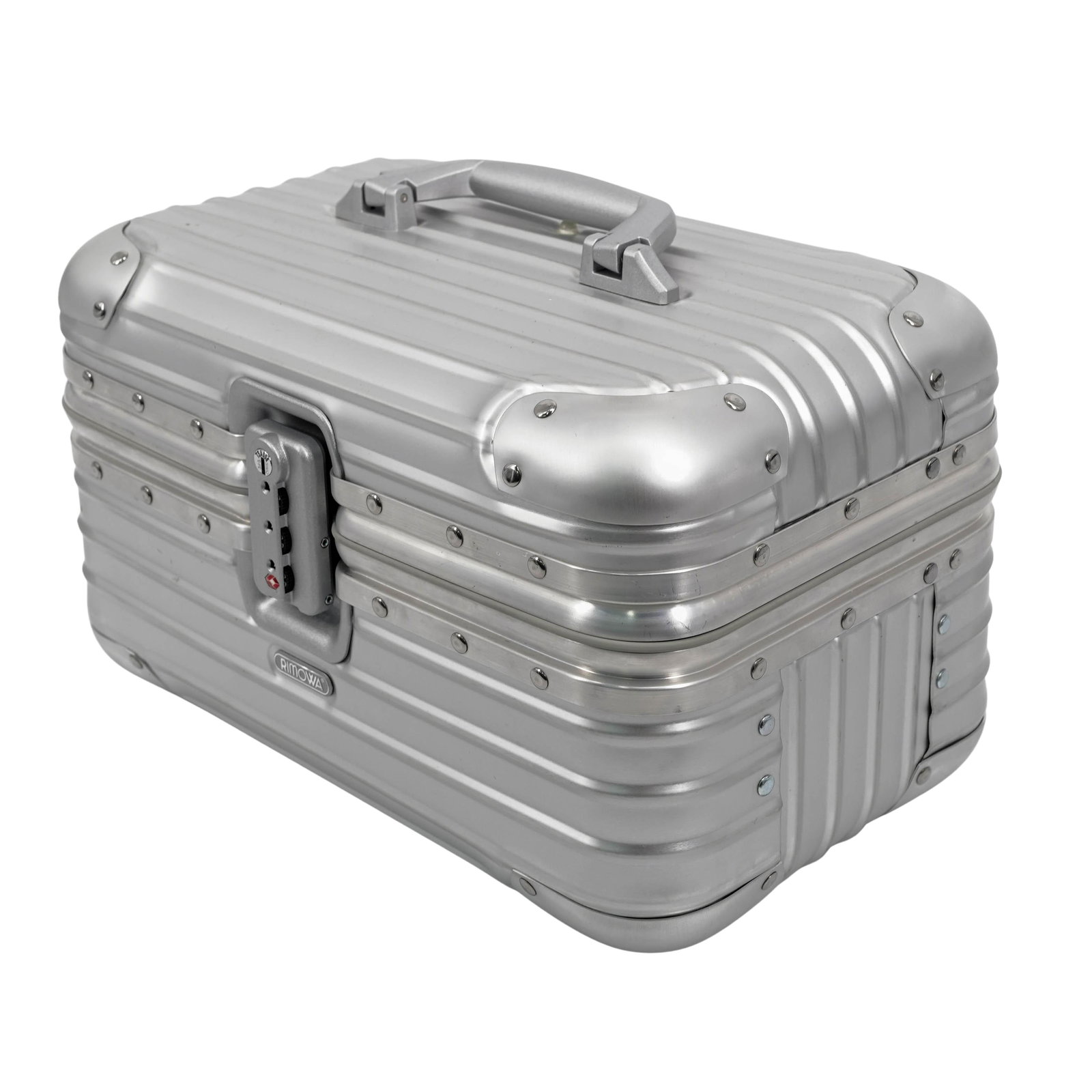 Rimowa Topas 17L Silver Aluminum Beauty Vanity Case: Rimowa Topas 17L Silver Aluminum Beauty Vanity Case21st Cent.,Germany-CanadaThis authentic Rimowa Topas Silver Beauty Case is a signature piece of high-end travel gear. Designed as a travel vanity or