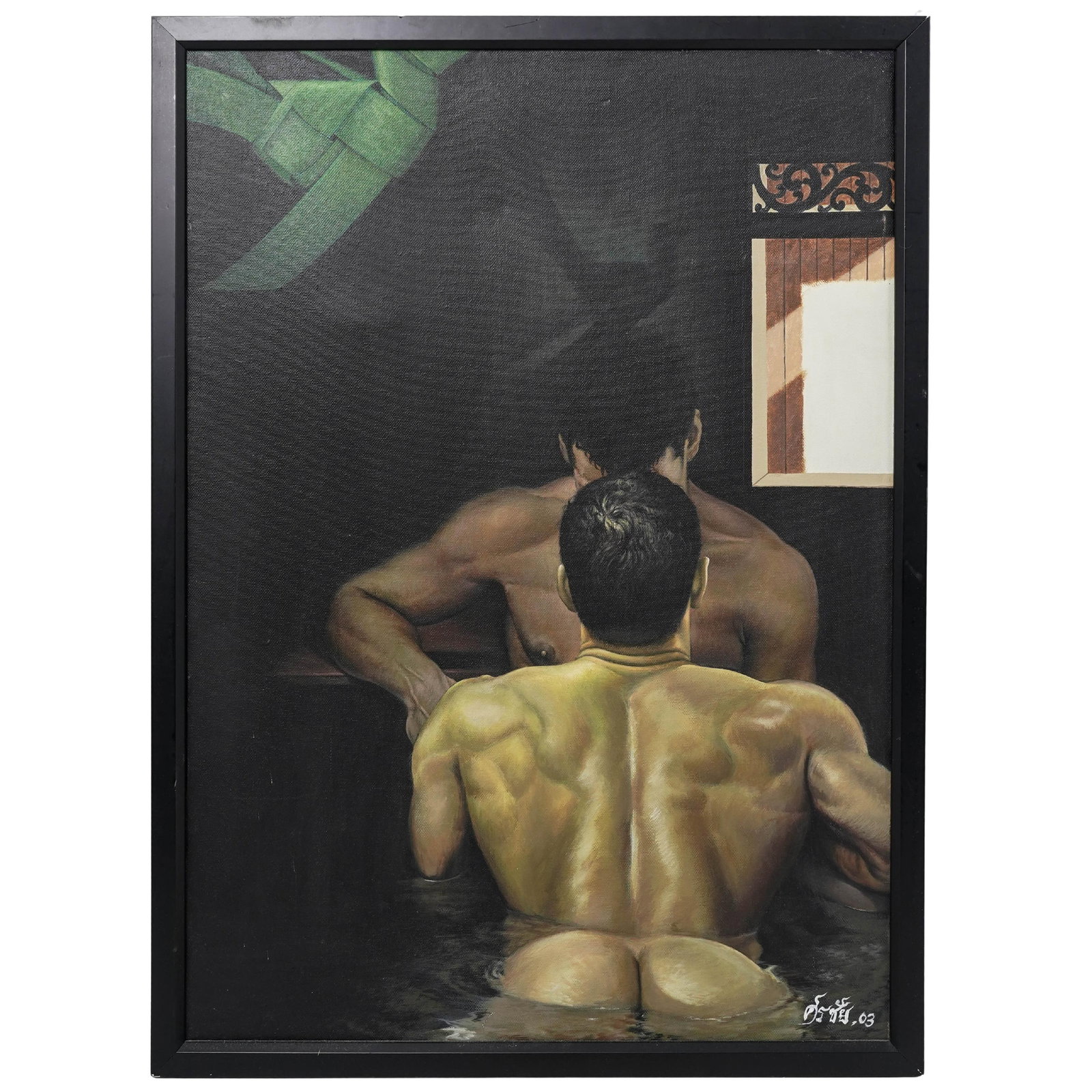 Sirichai (Thai, 20th cent.) Contemporary Oil on Canvas Painting: Sirichai (Thai, 20th cent.) Contemporary Oil on Canvas Painting2003, ThaiErotic study, oil on canvas, features a hyperrealistic style, with a strong focus on the musculature of the back end the play o