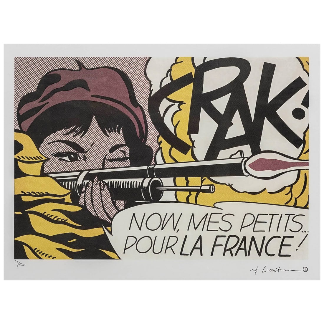 Roy Lichtenstein (American, 1923-1997) Pop Art Lithographic Print "Crak": Roy Lichtenstein (American, 1923-1997) Pop Art Lithographic Print "Crak"20th century, USAThe piece is pencil numbered 56/150 and plate signed. It depicts a woman wearing a beret firing a rifle. The im