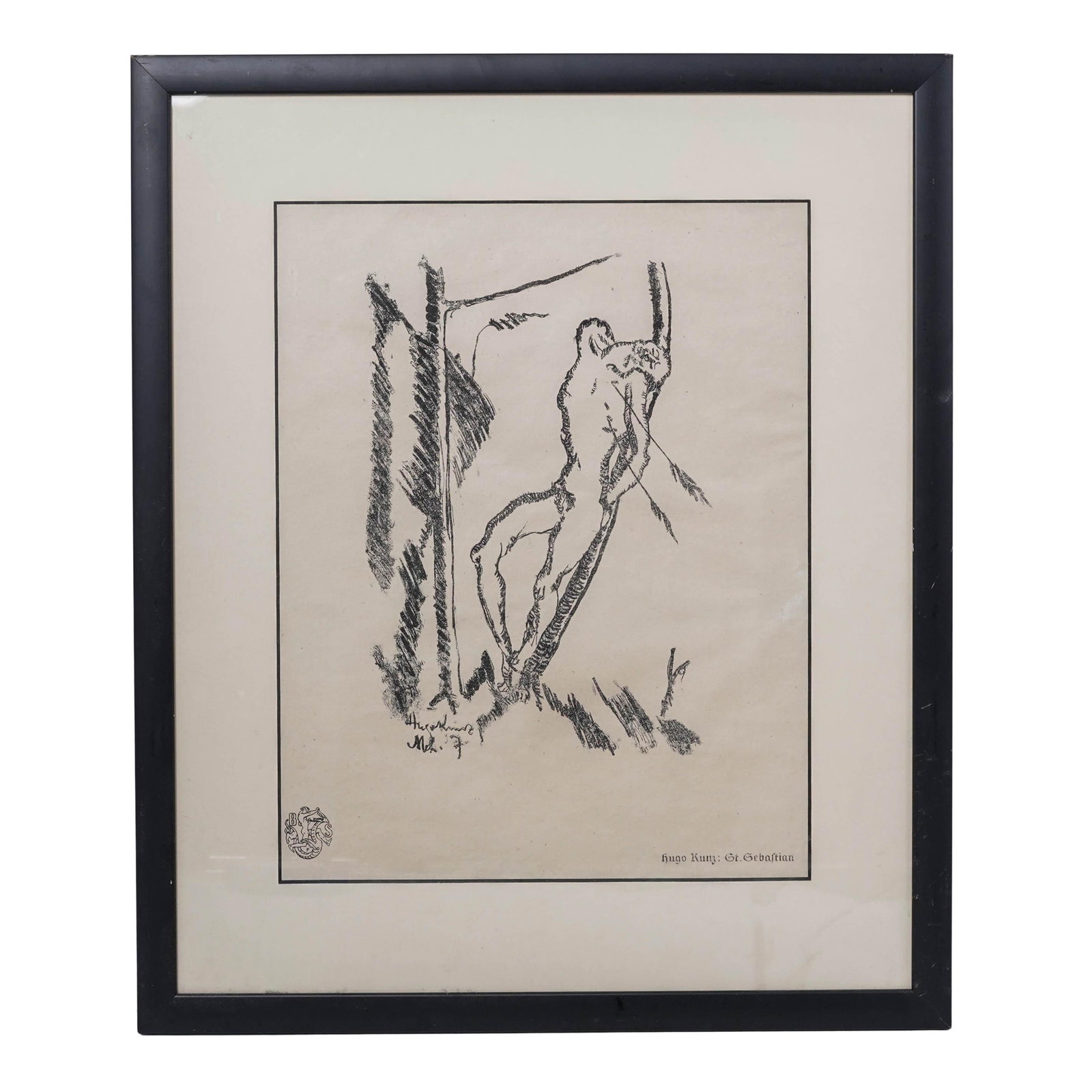 Hugo Kunz (German, 1884-1938) "St. Sebastian" Lithograph: Hugo Kunz ( German, 1884-1938) "St. Sebastian" Lithographc. 1916. GermanThe lithograph depicts the Christian martyr Saint Sebastian, traditionally shown tied to a tree and pierced by arrows. It is a b