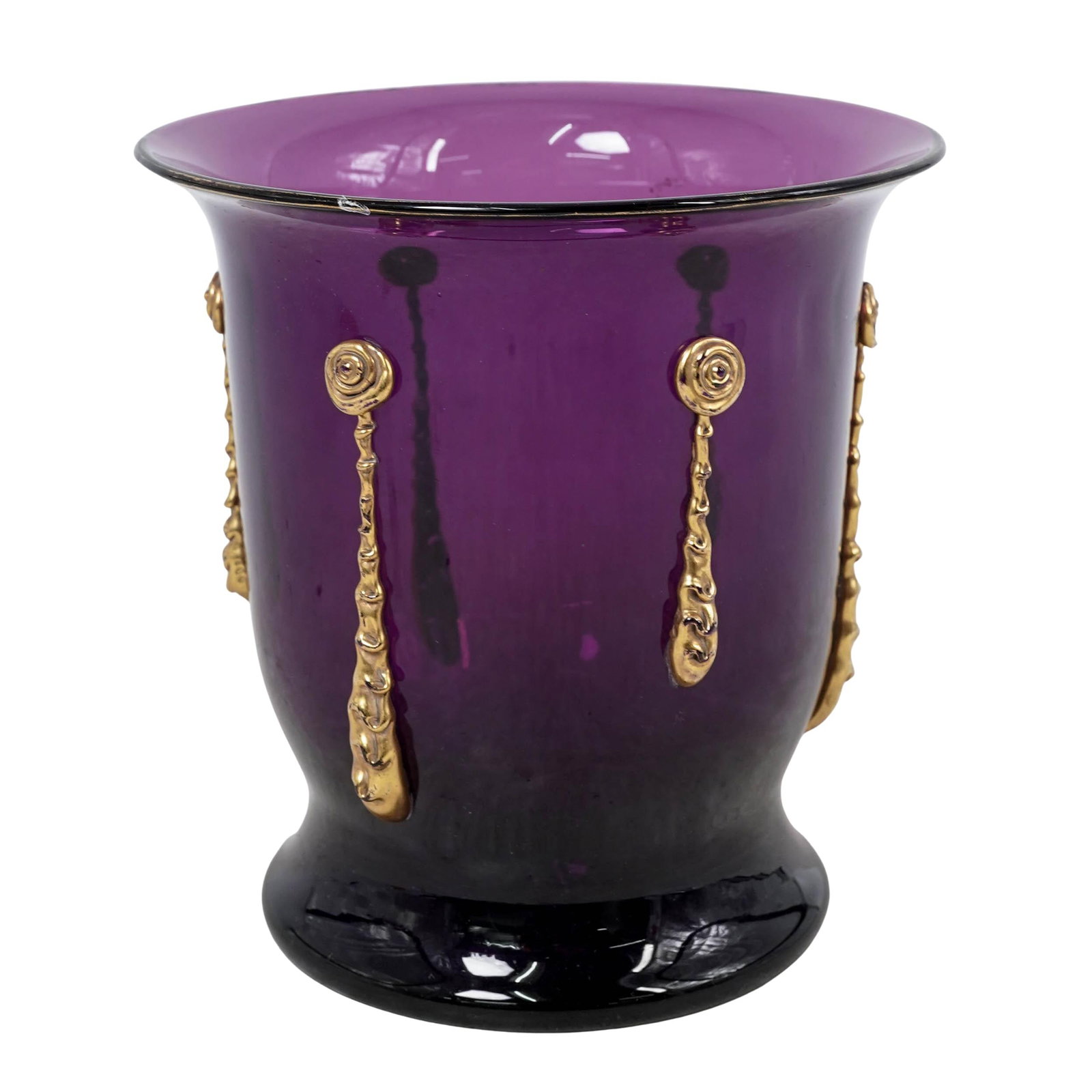 Antique Amethyst Crystal Vase: Antique Amethyst Crystal VaseMid 20th Cent.This amethyst glass vase is crafted from deep amethyst crystal and features high-relief gilded crystal ornamentation.H: 7 3/8" Dia: 7 1/4"