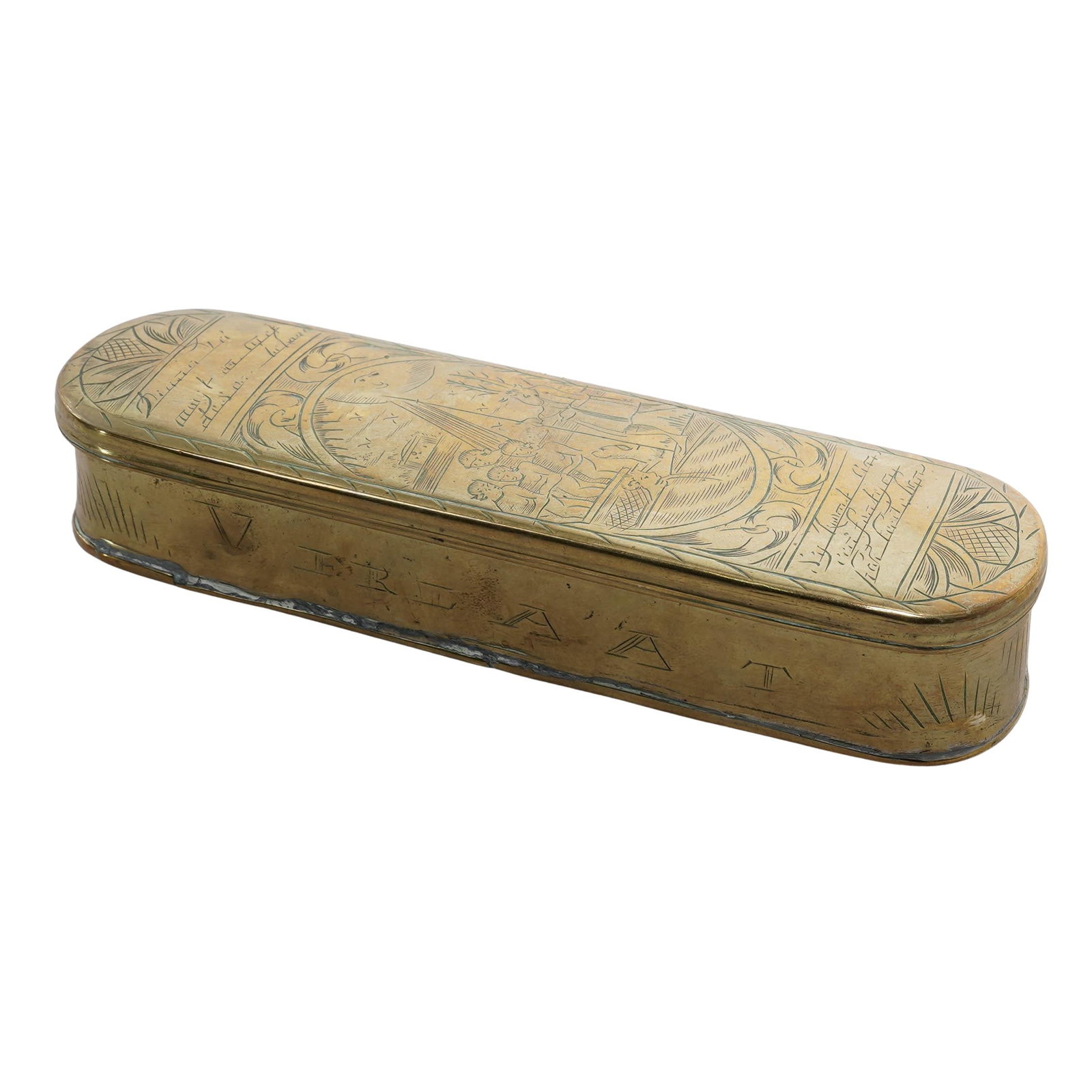 18th Cent. Dutch Gilt Brass Tobacco Box: 18th Cent. Dutch Gilt Brass Tobacco BoxLate 18th-early 19th century, DutchA Dutch gift brass tobacco box with engraved scenes throughout. Sides read "DWF Reit" and "Veriaat".H 1.25" x L 6.75" x W 1.75