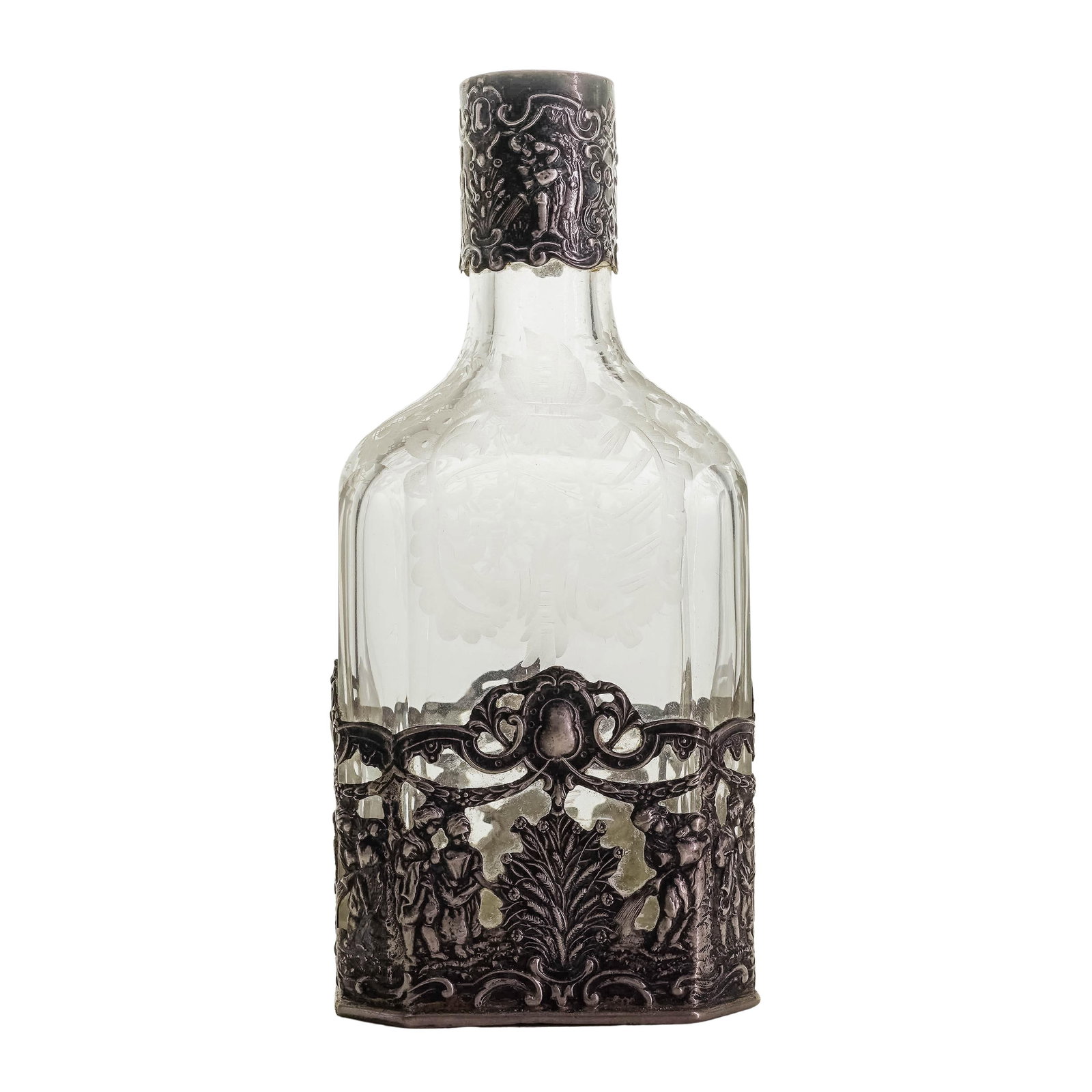 Hanau Storck & Sinsheimer Silver Mounted Etched Glass Decanter: Hanau Storck & Sinsheimer Silver Mounted Etched Glass DecanterCirca 1874 to 1926.. GermanyStorck & Sinsheimer were renowned for their silver-mounted glassware, particularly wine and liqueur decanters