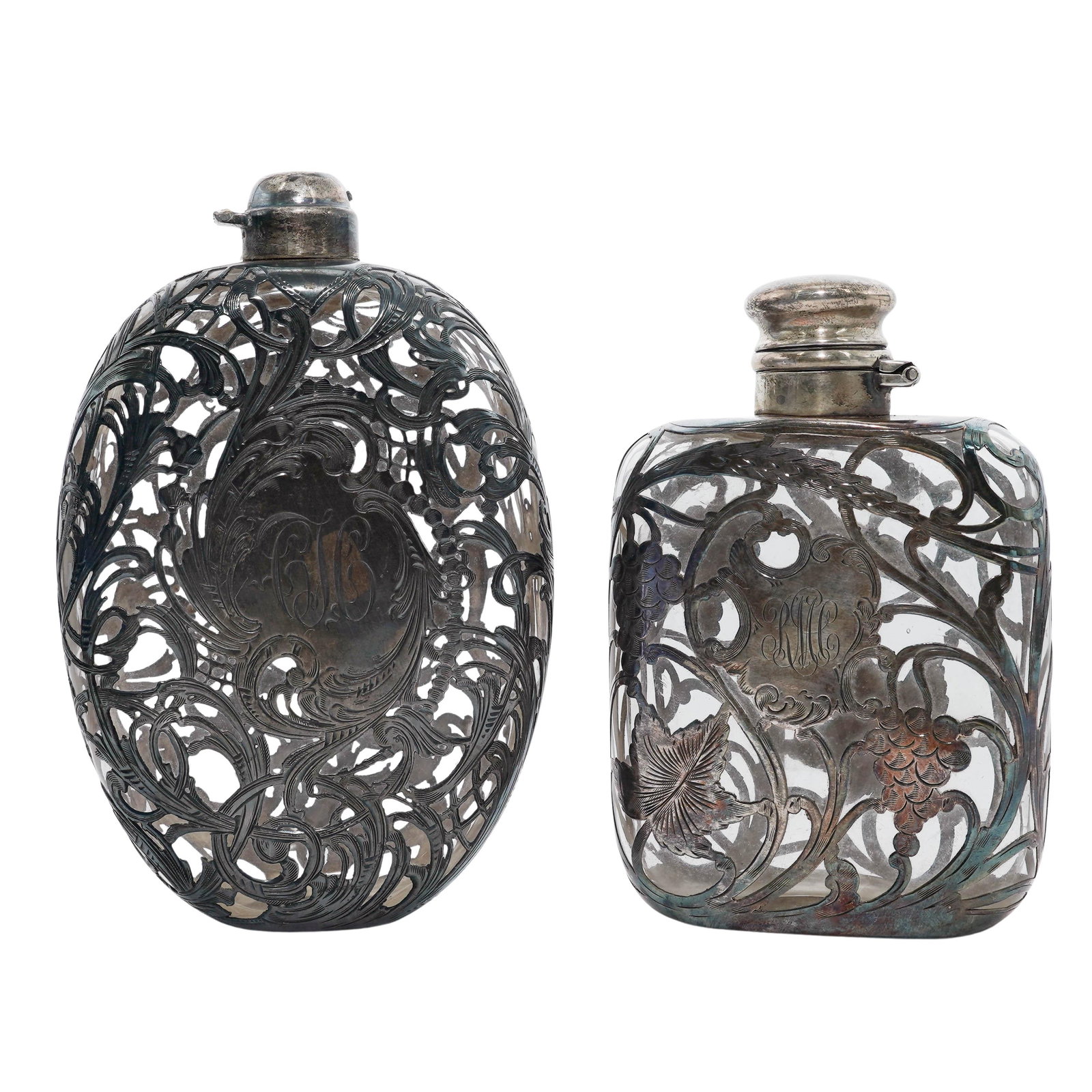 (2 Pc) Antique Sterling Silver Overlay Glass Flasks (1 of 7)