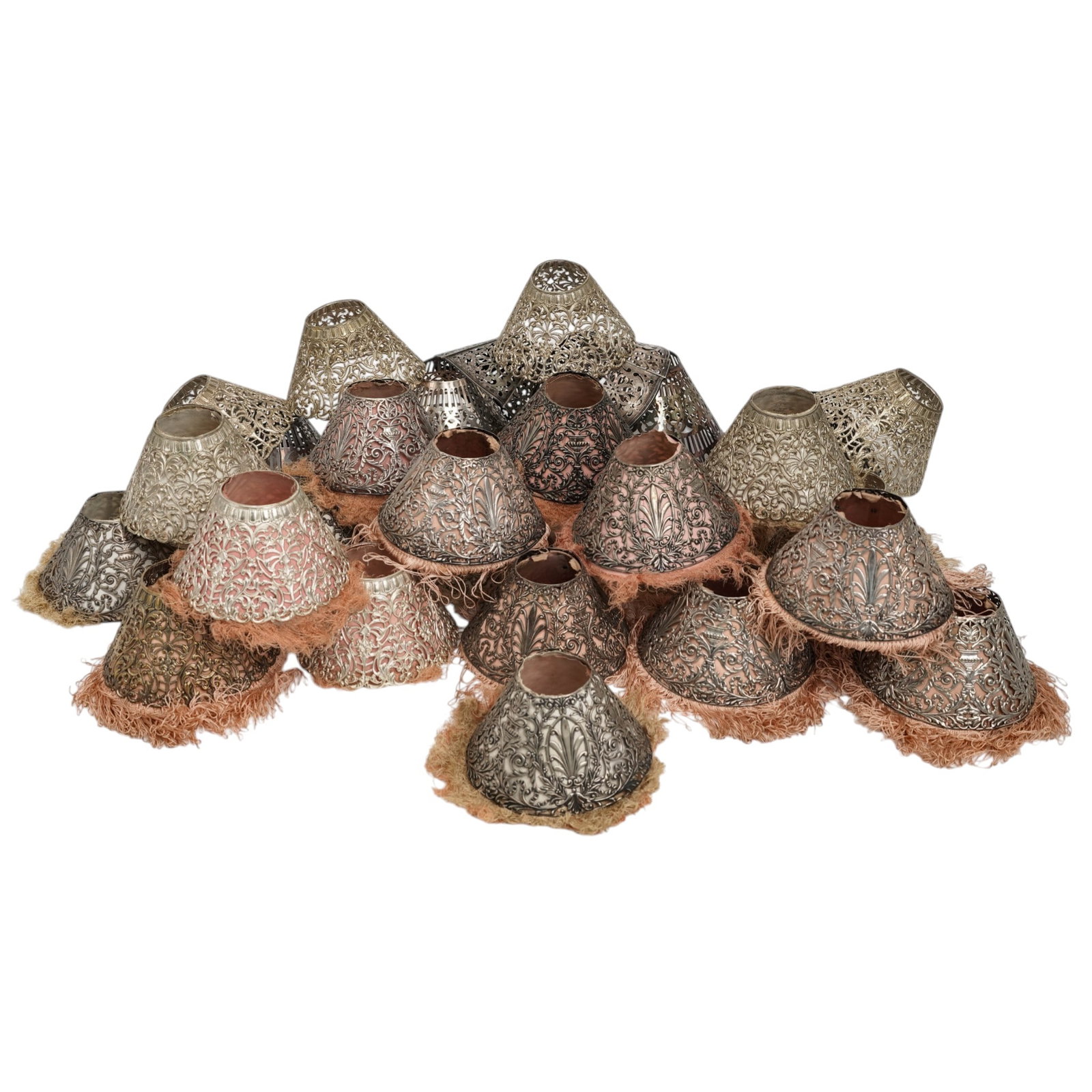 (29 Pc) Antique Silver Plated Ornate Pierced Candle Lamp Shades (1 of 15)