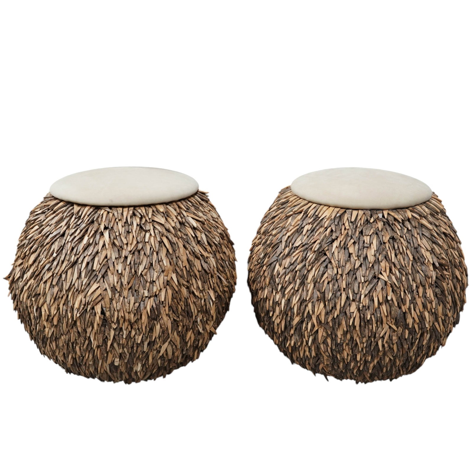 Pair Palecek Coconut Shell & Leather Ottomans (1 of 7)