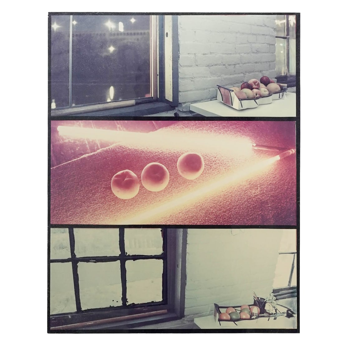 Interior Still Life Color Photograph Triptych: Interior Still Life Color Photograph Triptych21st Cent.A contemporary vertical photographic triptych presented in three panels. The upper and lower images depict interior still life scenes of fruit in