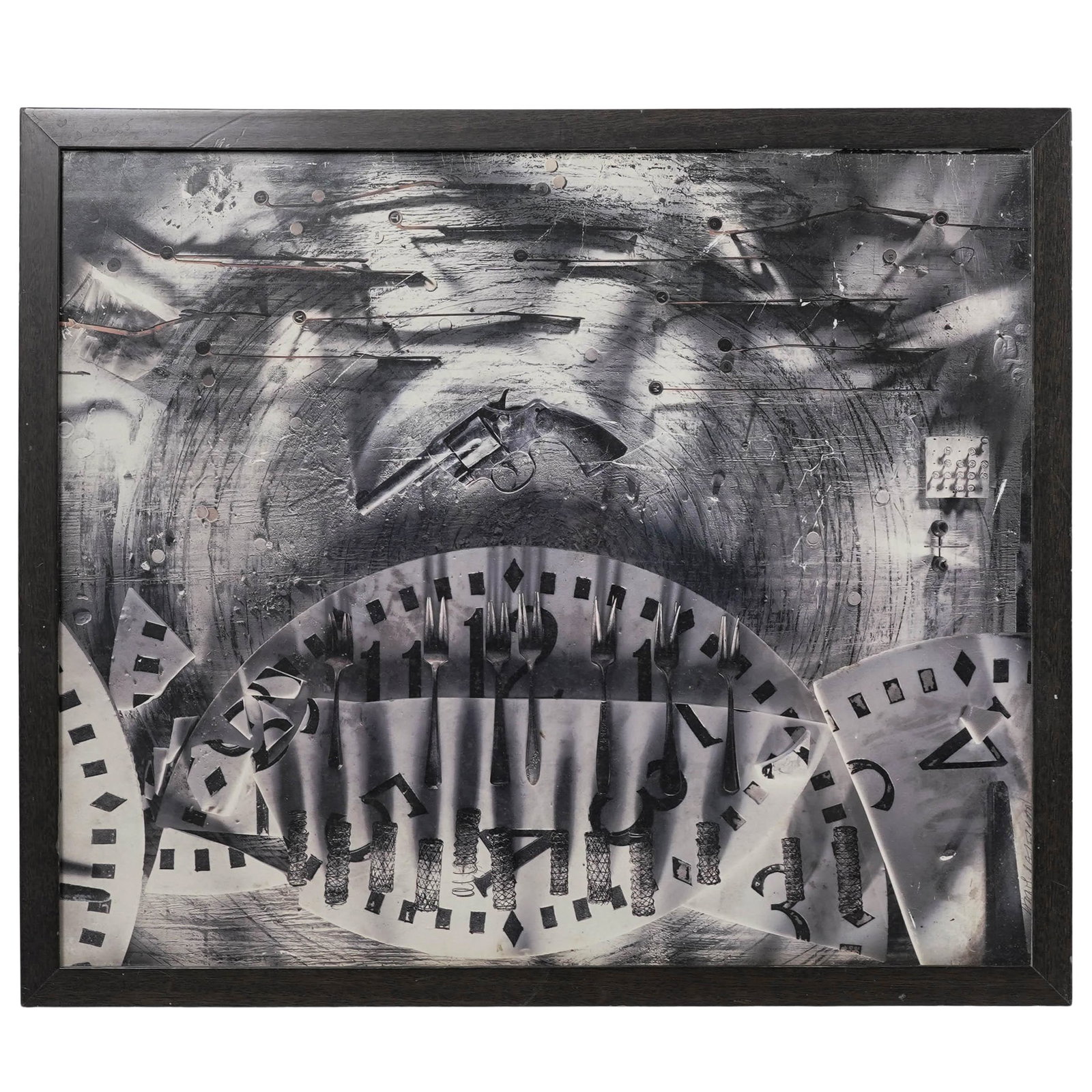 Hans Neleman (Dutch, b. 1960) Signed Photograph: Hans Neleman (Dutch, b. 1960) Signed PhotographLate 20th c., USABlack-and-white photographic print featuring a fragmented clock face layered with silverware and metal coils, accompanied by a revolver