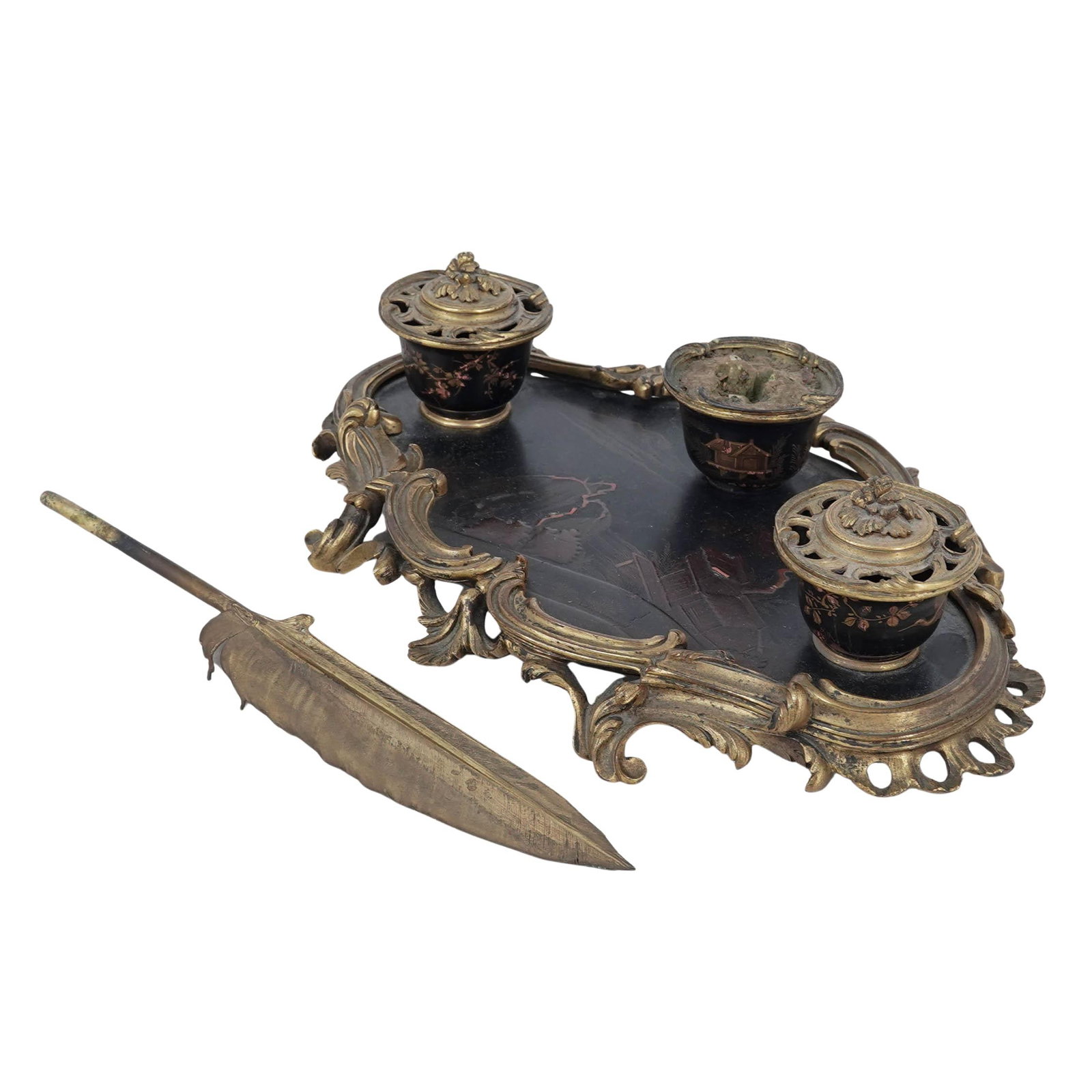 Louis XV Rococo French Gilt Bronze inkstand w/ Quill Pen (1 of 11)