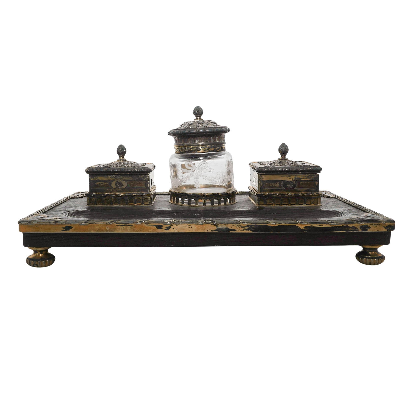 Victorian Leuchars & Son Gilt Leather & Glass Desk Inkstand (1 of 7)