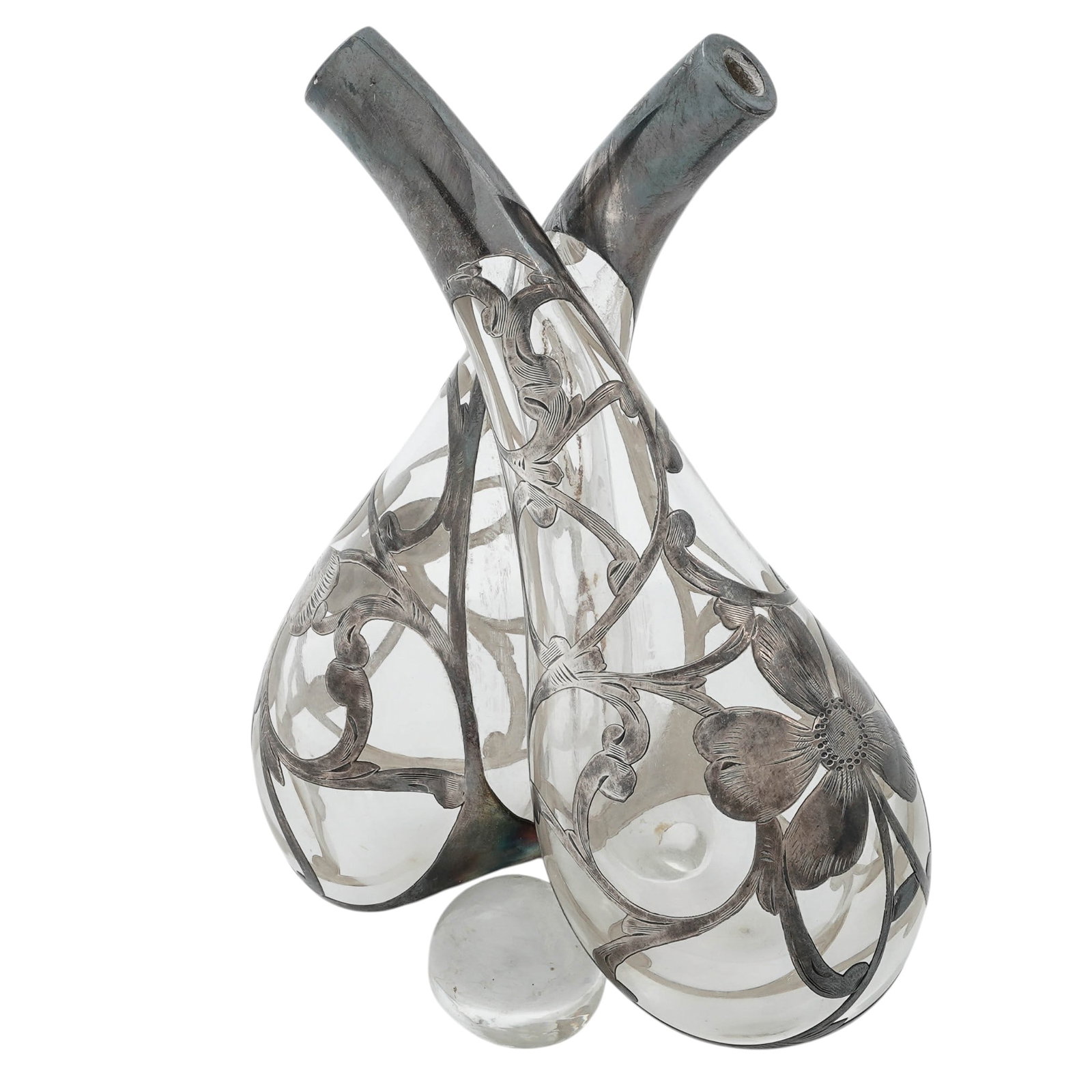 Art Nouveau Sterling Silver Overlay Glass Kissing Cruet (1 of 7)