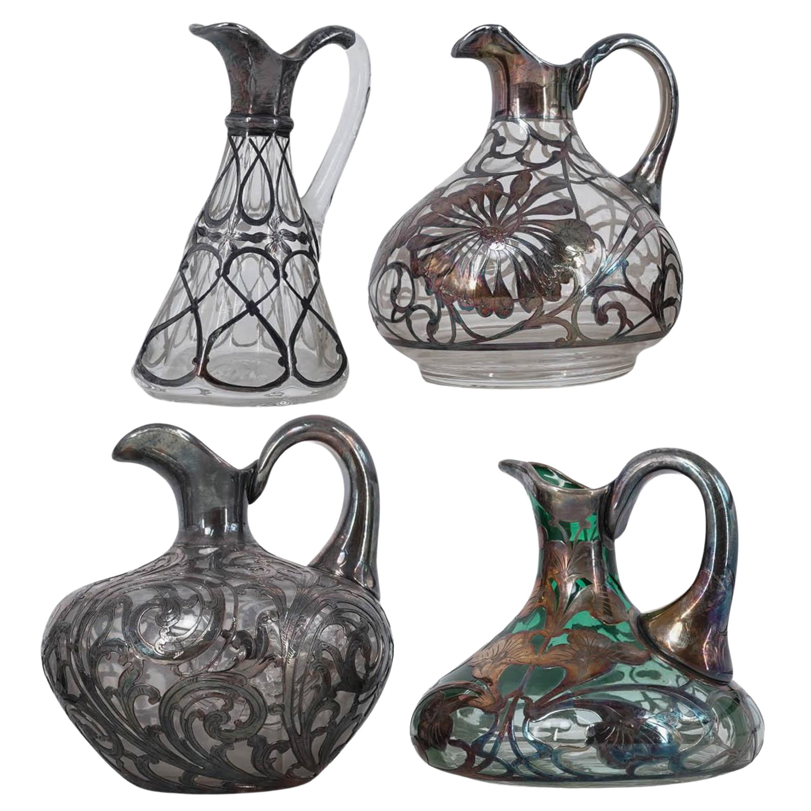 (4 pc) Antique Silver Overlay Glass Decanters Alvin (1 of 8)