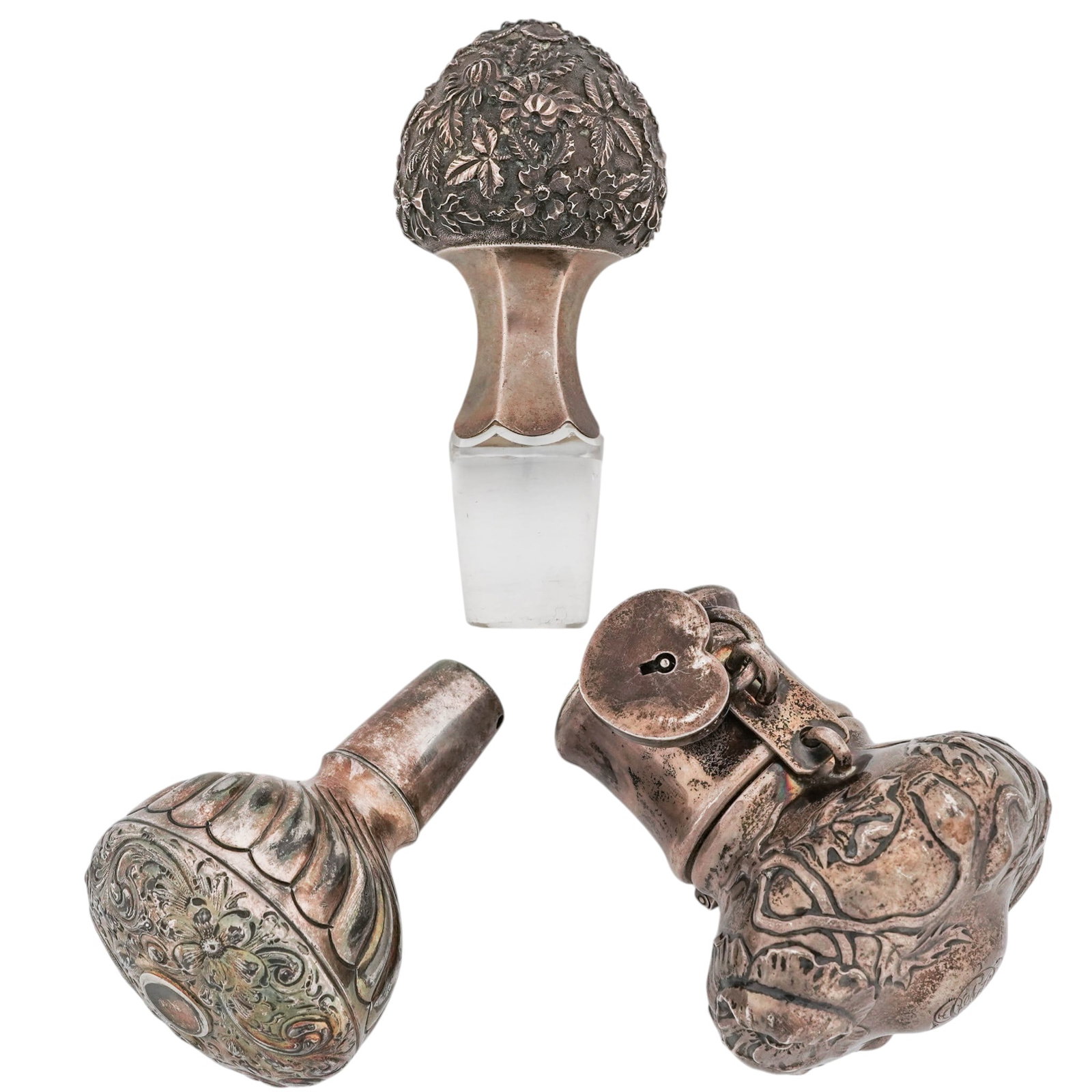 (3 Pc) Antique Silver Overlay Stoppers (1 of 9)